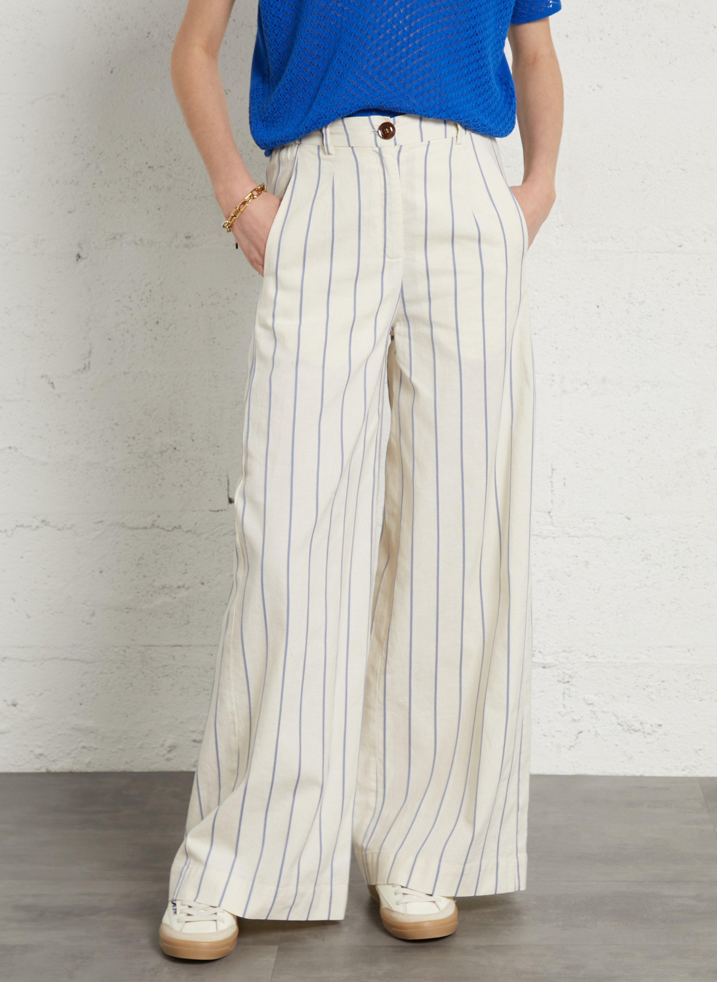 Pantalon droit taille haute rayée TINSELS Beige