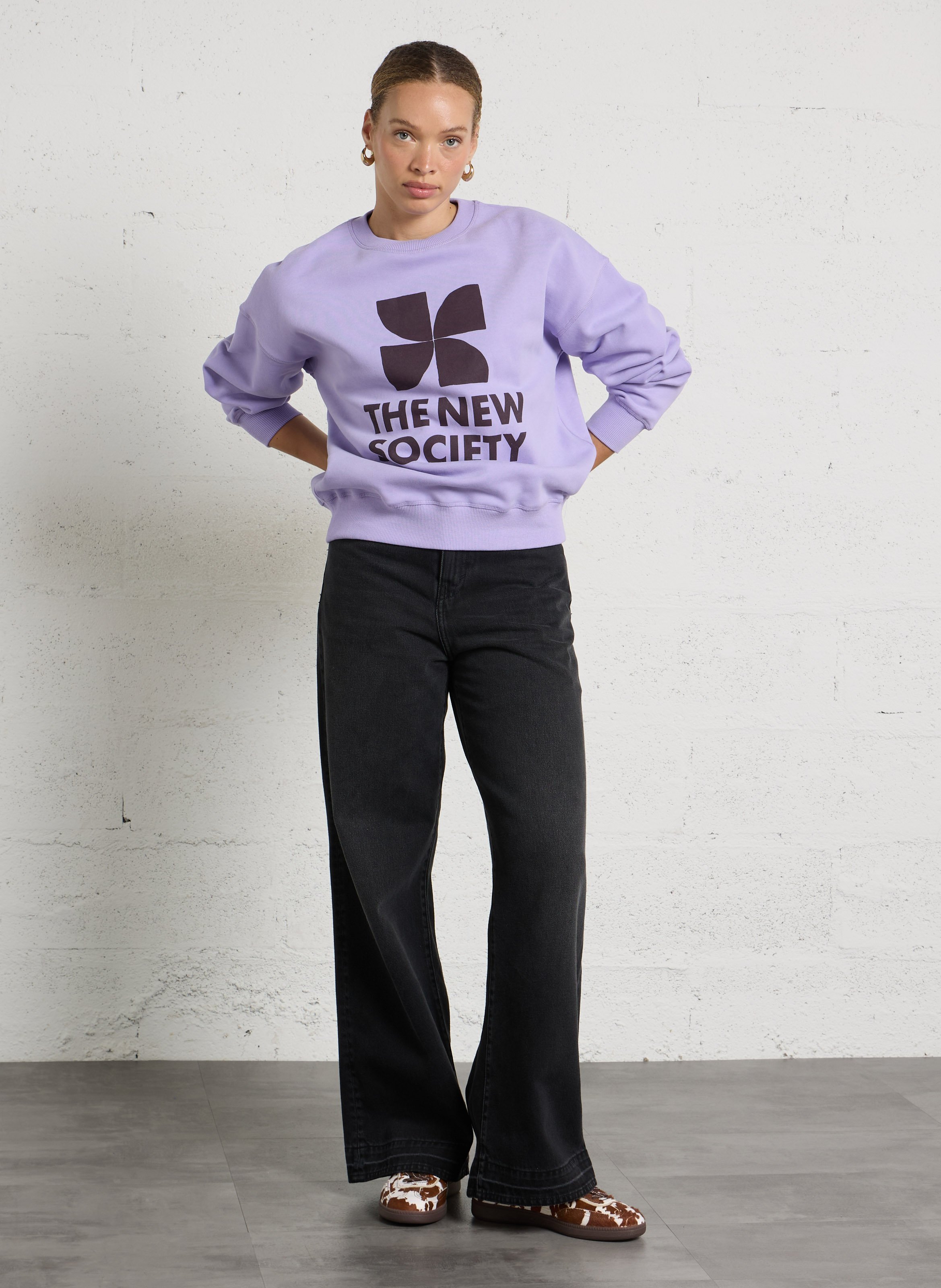 Sweat ample col rond sérigraphié en coton THE NEW SOCIETY Violet
