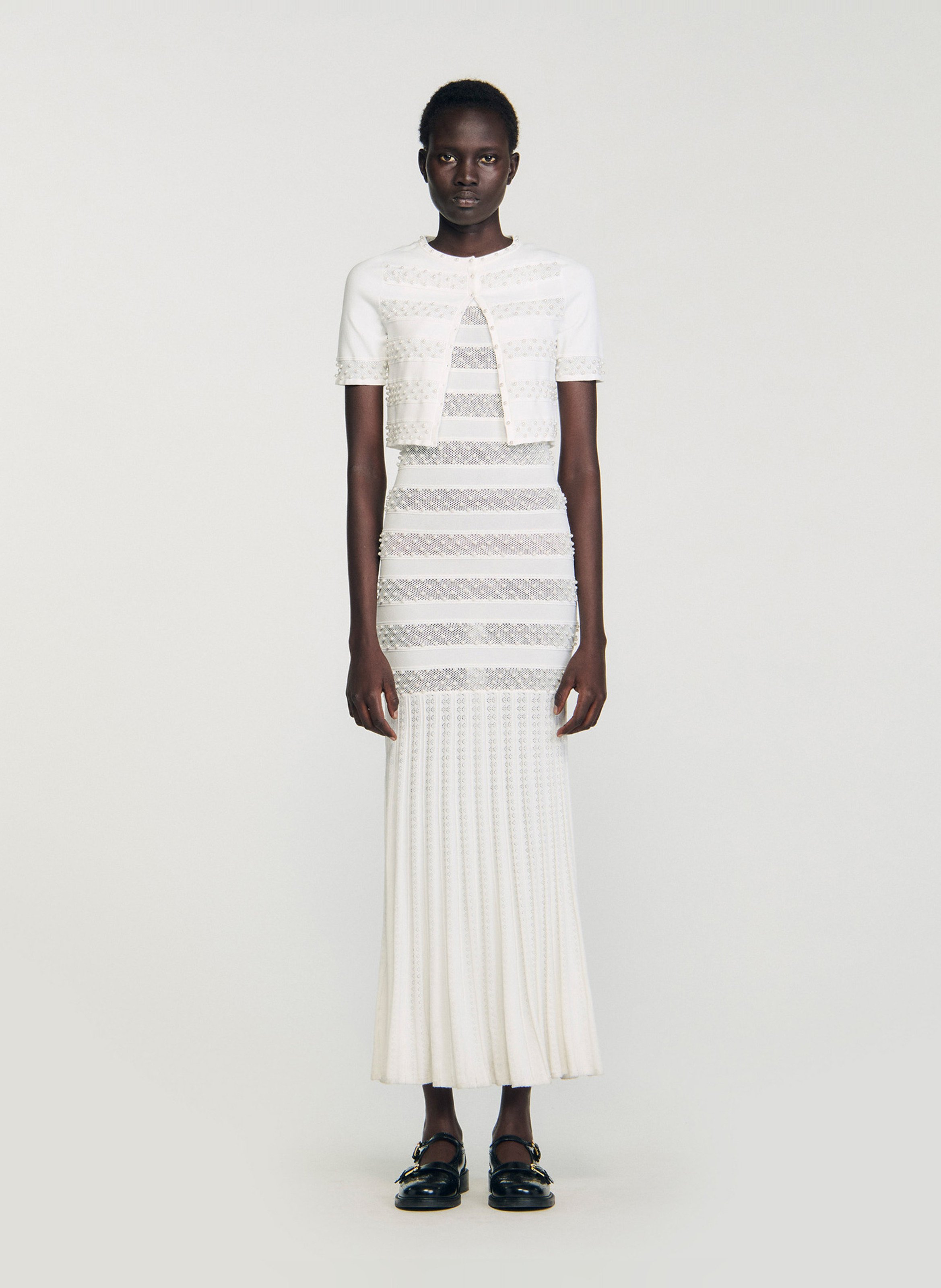 Cardigan court perlé col rond SANDRO Blanc