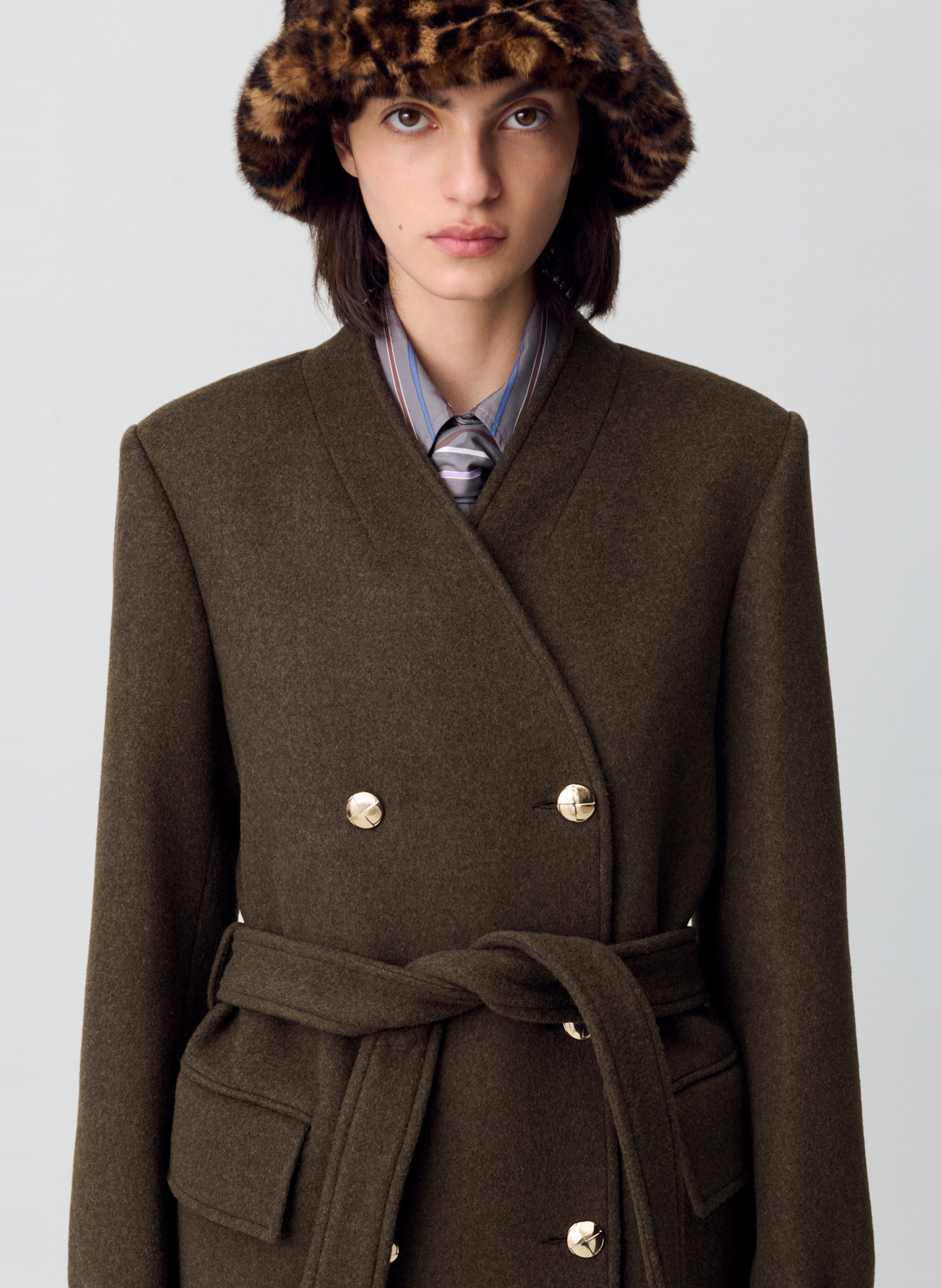 Gerader Mantel mit V-Ausschnitt aus Wollmischung CLAUDIE PIERLOT Khaki