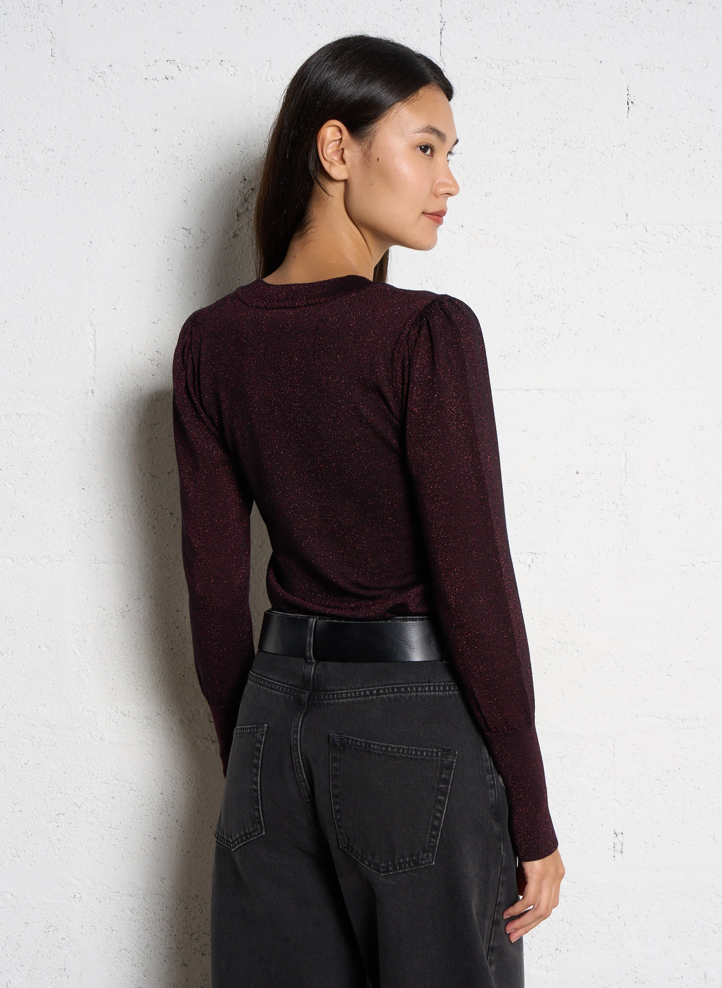 Gerade geschnittener Rundhalsausschnitt-Pullover aus metallischer Baumwolle BERENICE Pflaume