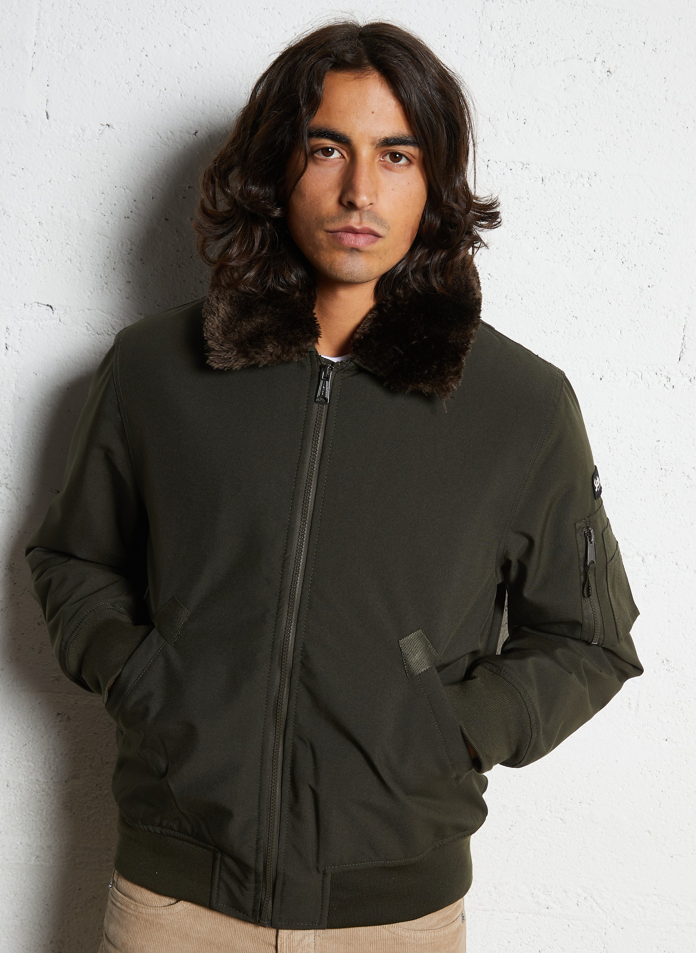 Blouson pilote ample uni à col fourrure SCHOTT Marron