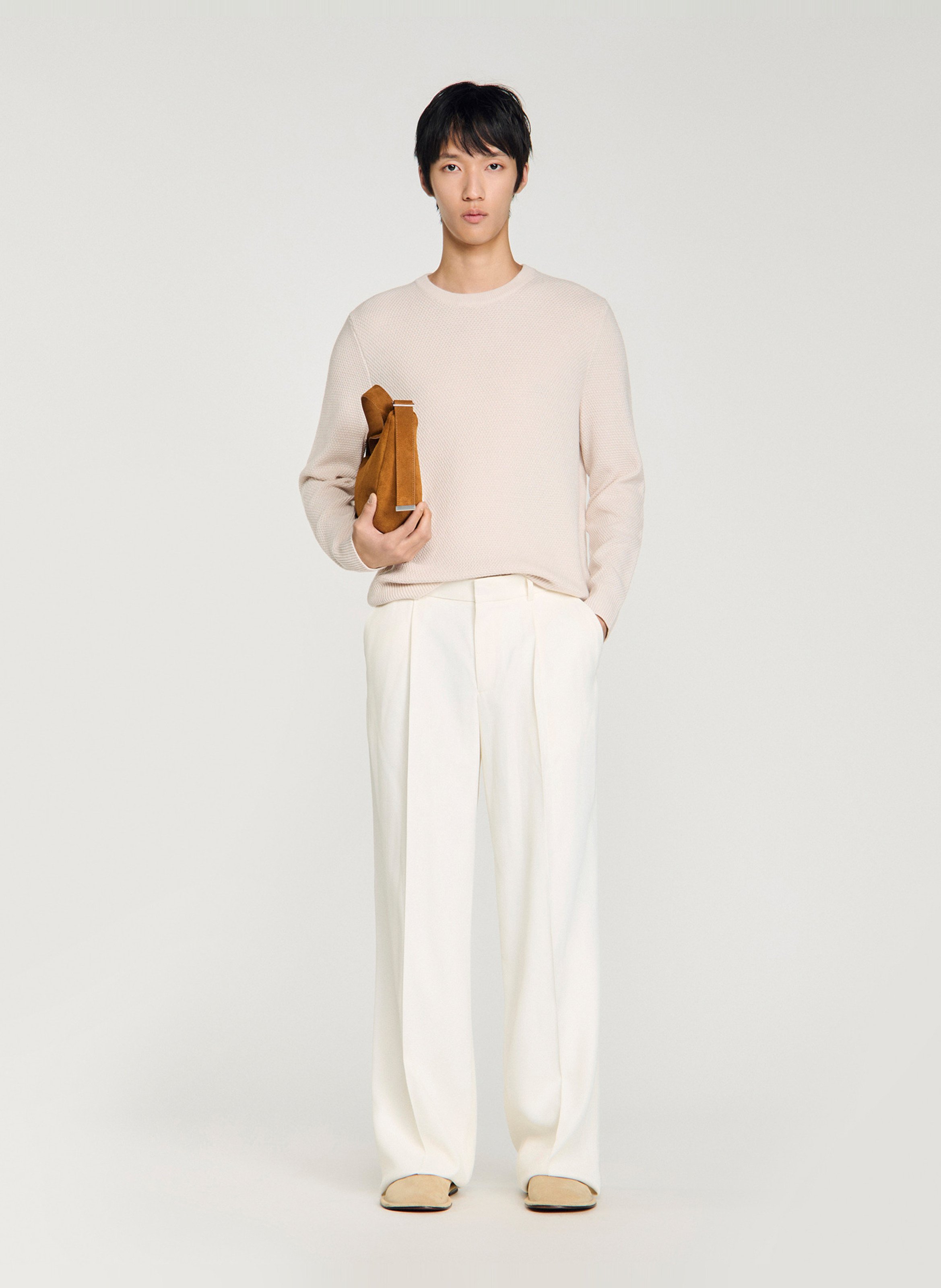 Pull droit col rond en laine SANDRO Beige