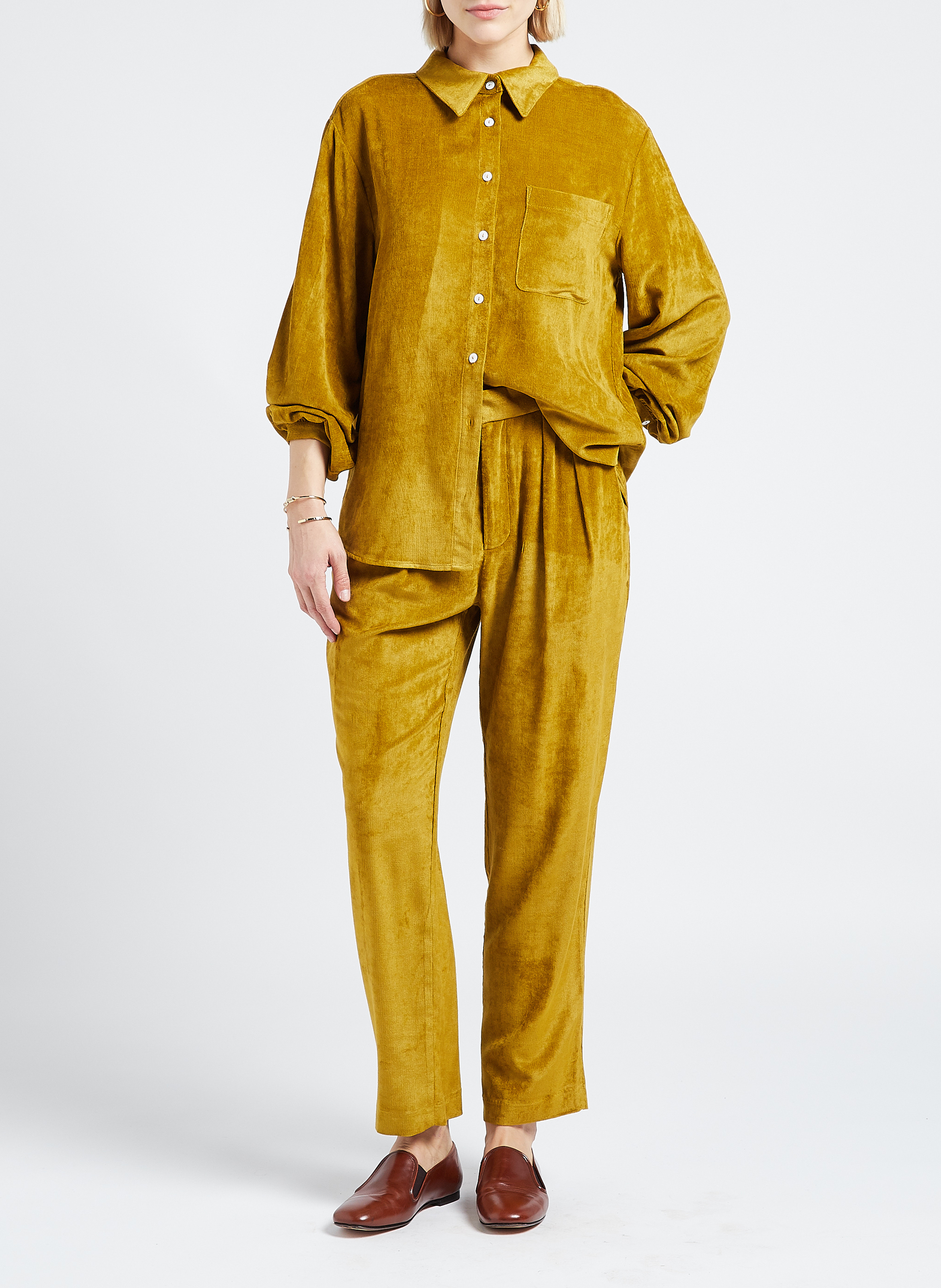 Chemise droite col classique en velours THE NEW SOCIETY Vert