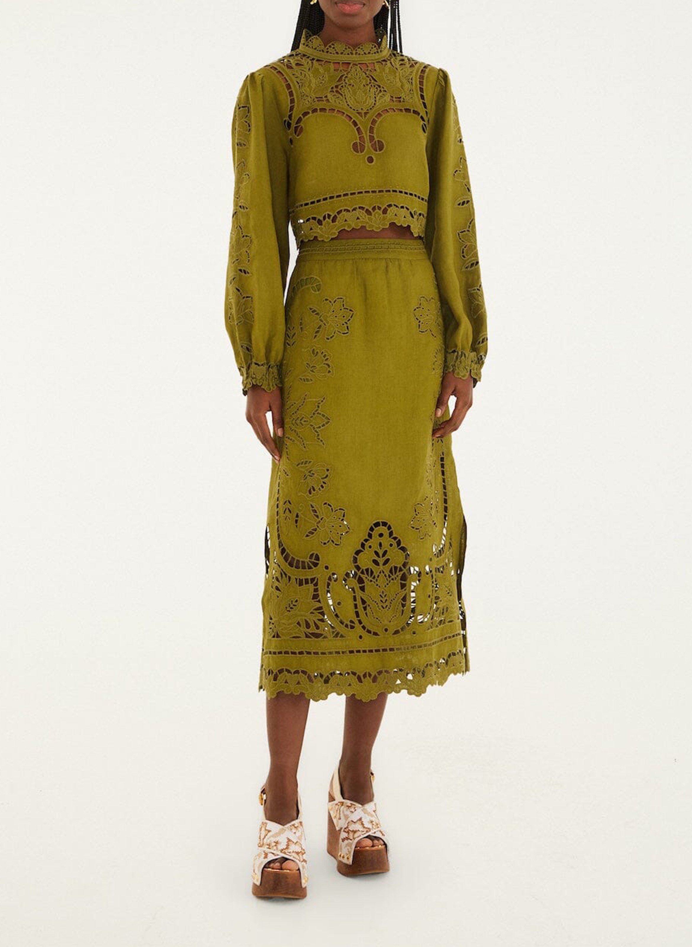 Jupe midi en lin FARM RIO Vert