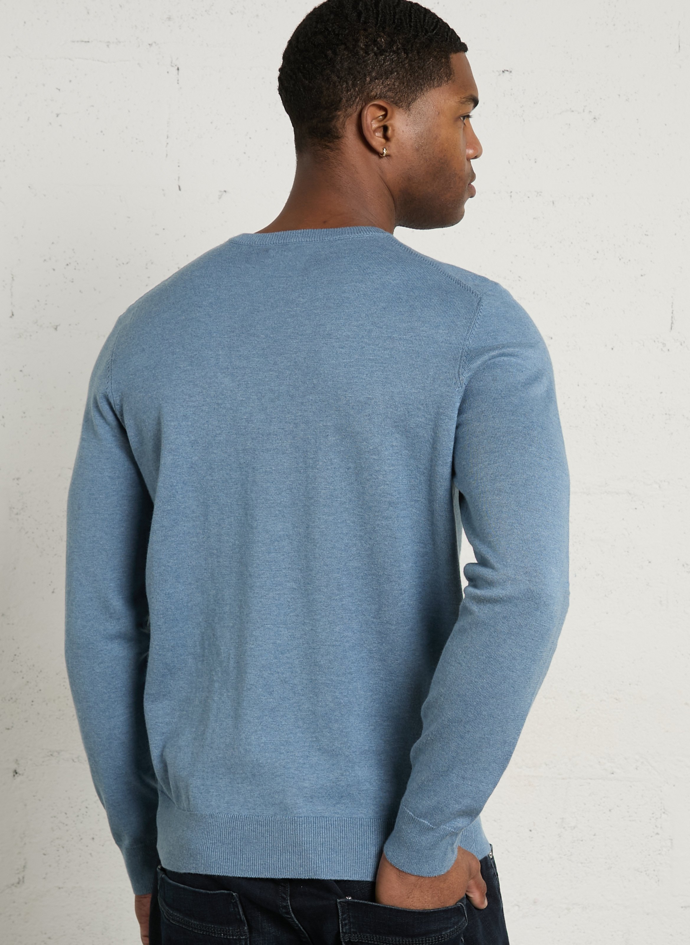 Pull droit col rond brodé en coton bio FARAH Bleu