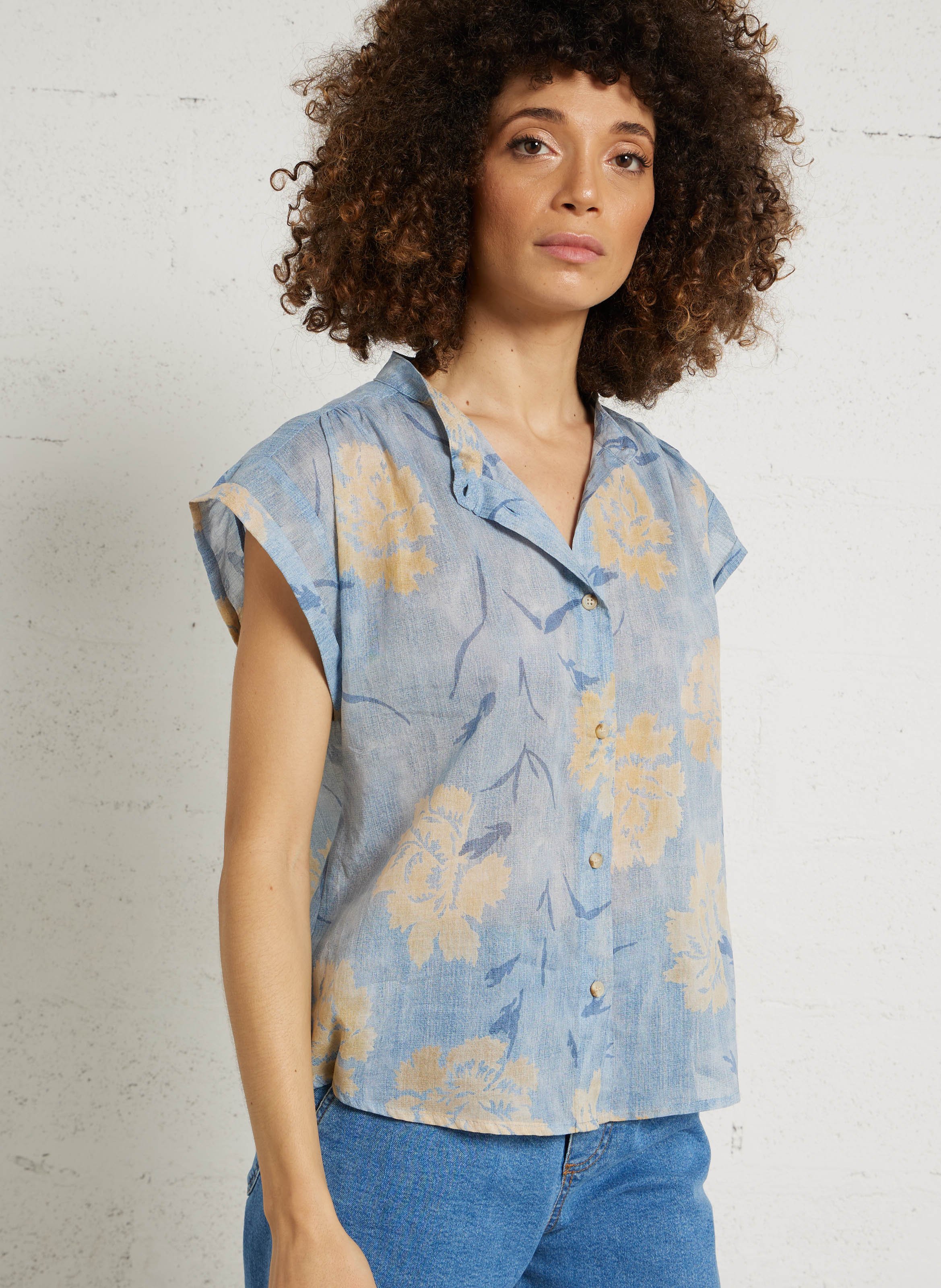 Ruimvallende blouse van katoenmix met maokraag HOD PARIS Blauw