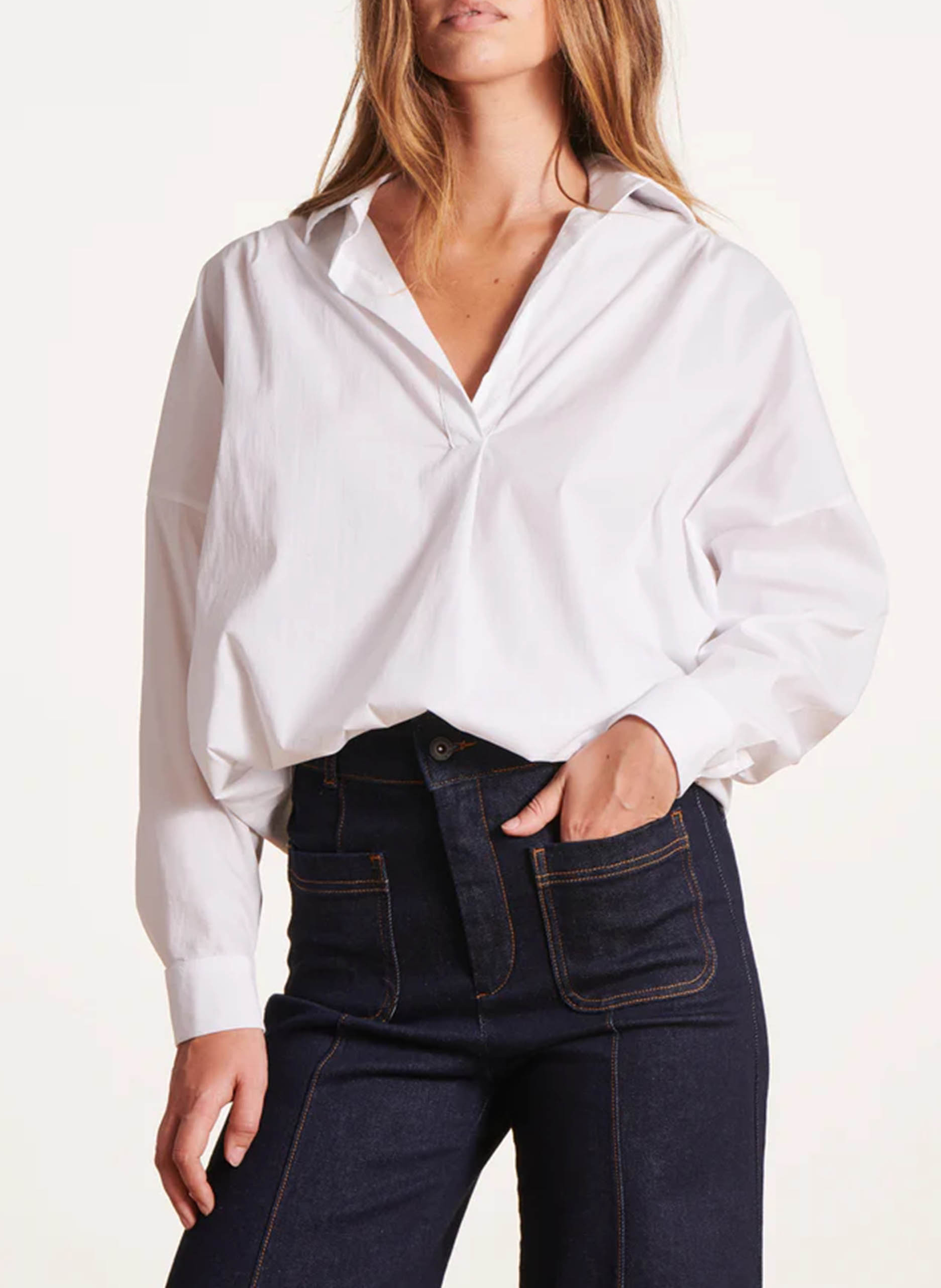 Blouse ample col chemise en coton mélangé  LA FEE MARABOUTEE Blanc