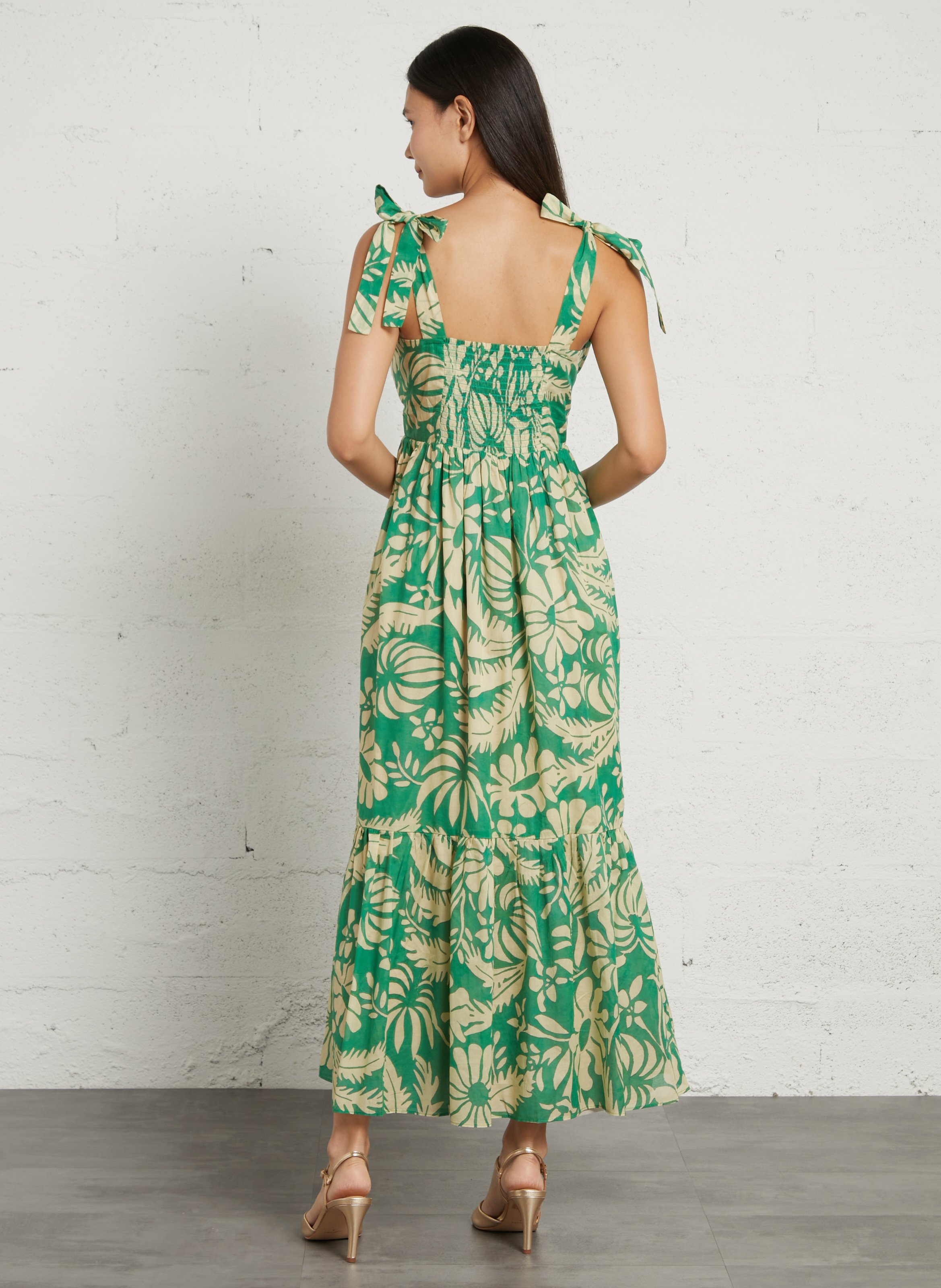 Vestido largo de algodón con cuello de pico SUD EXPRESS Verde