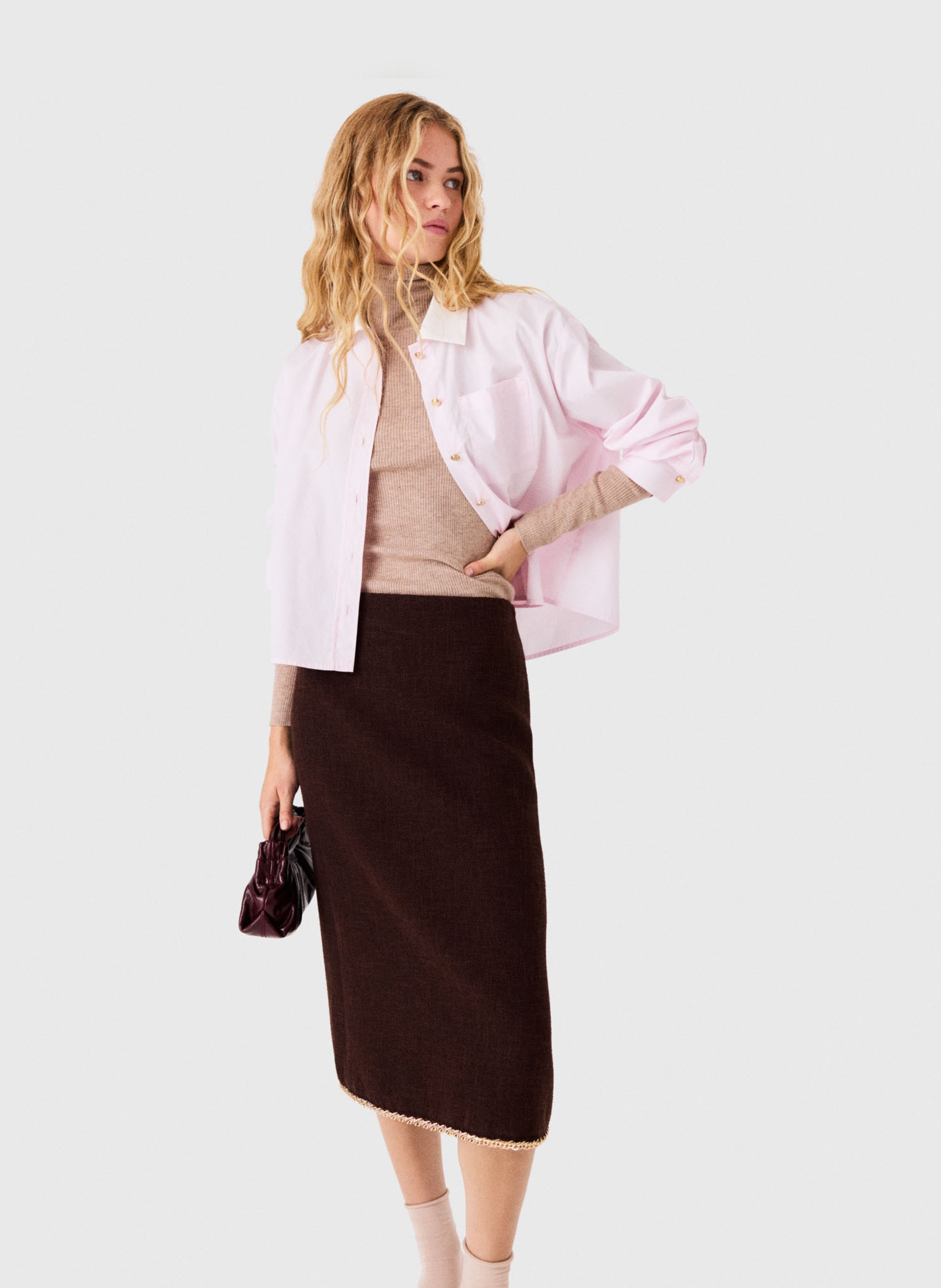 Jupe midi droite en tweed MAJE Marron