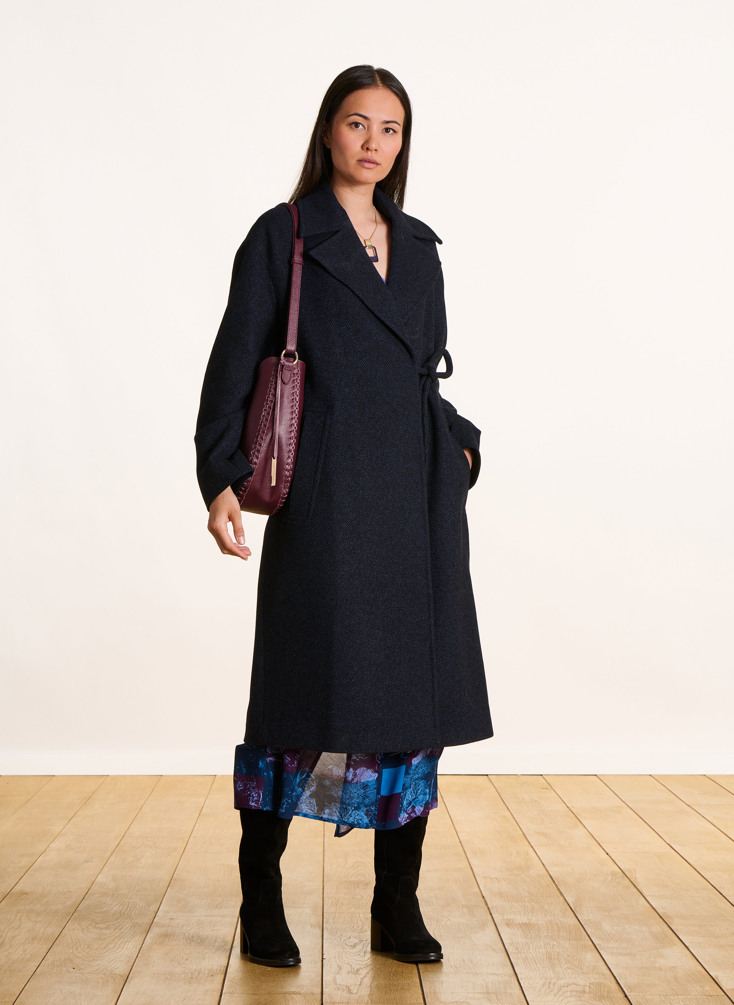 Manteau mi-long chiné avec liens LA FEE MARABOUTEE Bleu