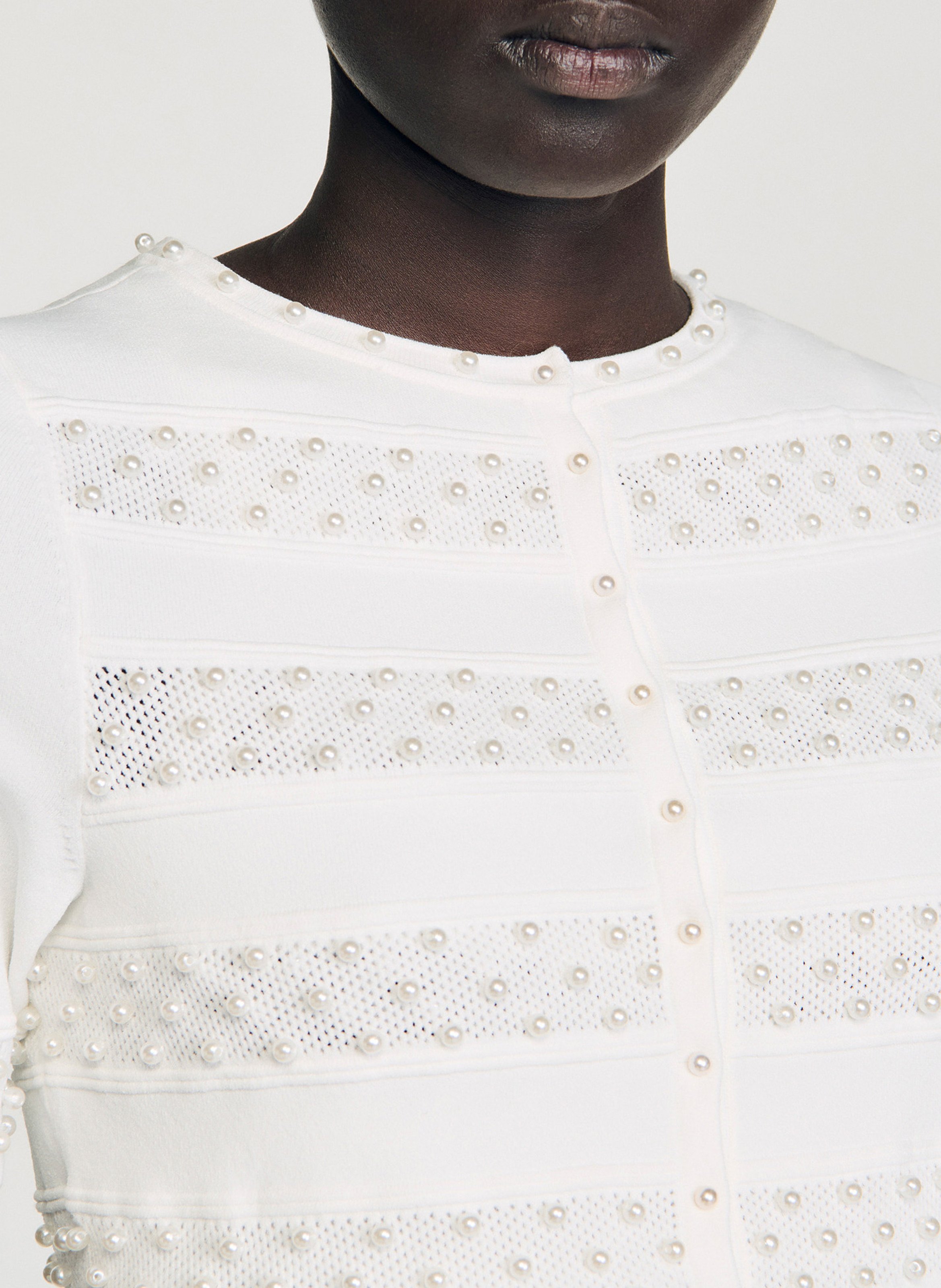 Cardigan court perlé col rond SANDRO Blanc