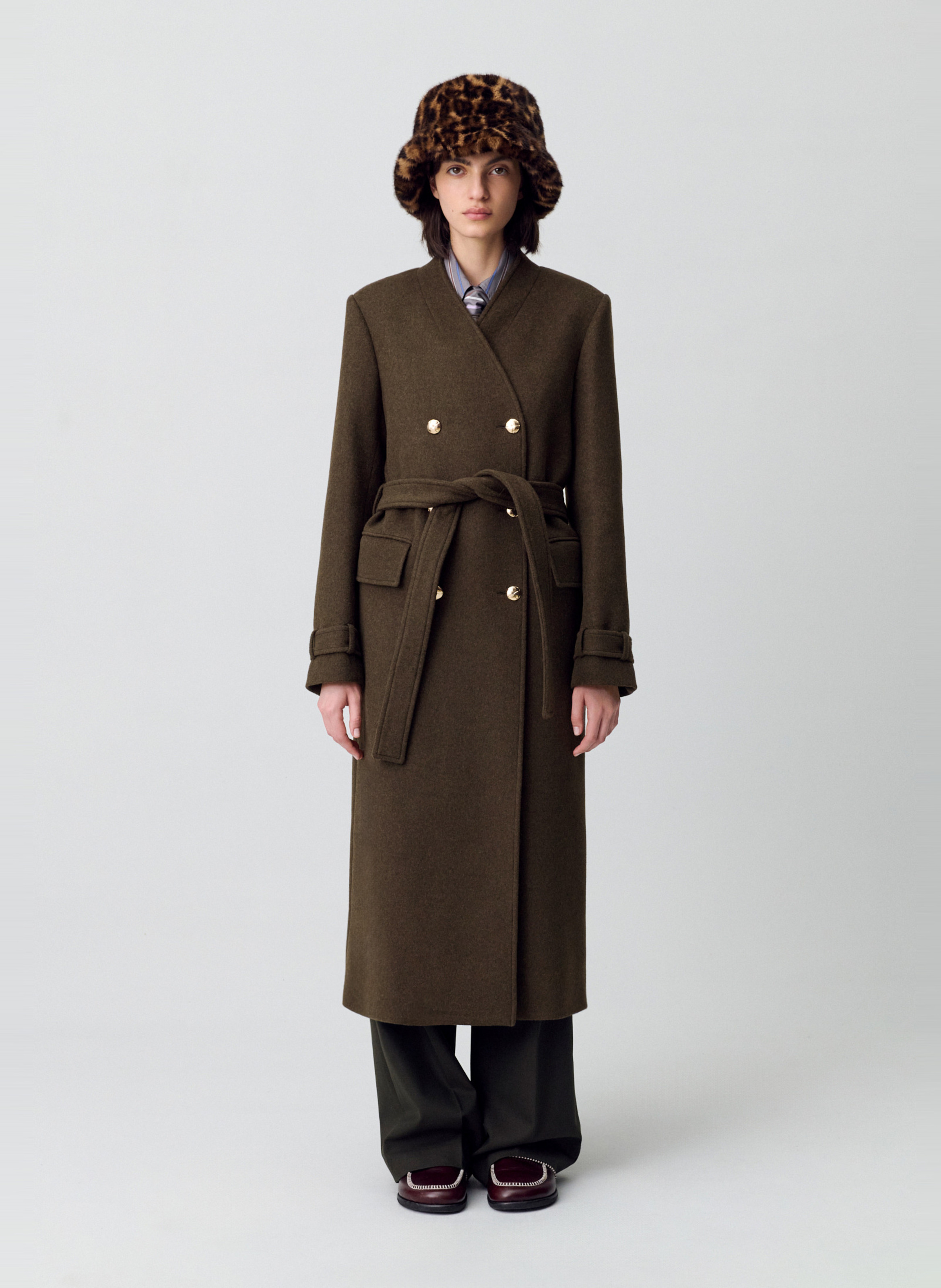 Gerader Mantel mit V-Ausschnitt aus Wollmischung CLAUDIE PIERLOT Khaki