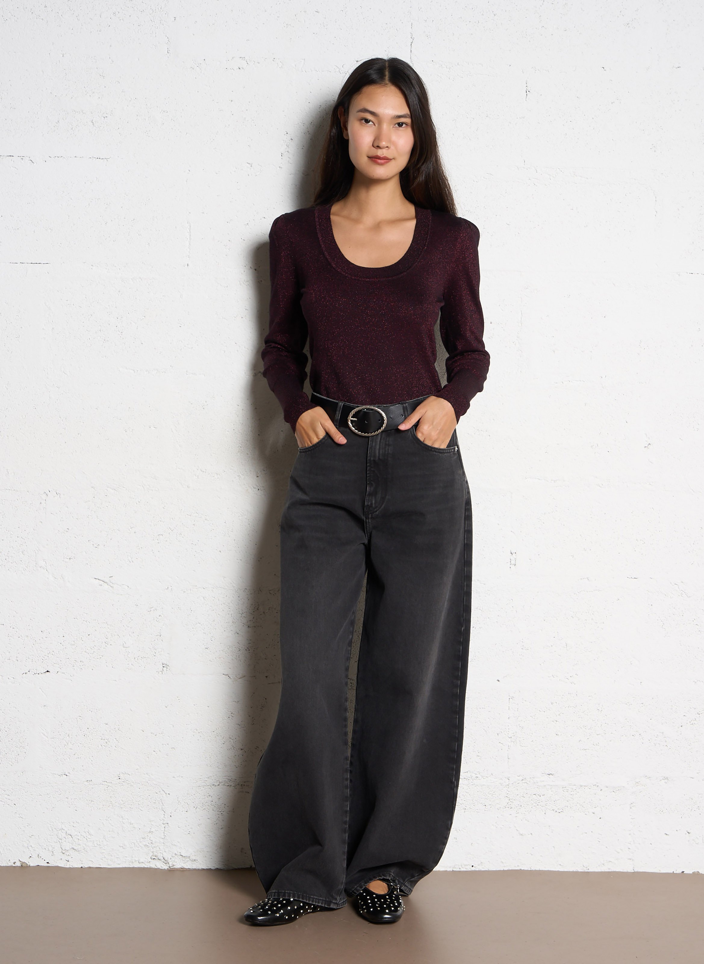 Gerade geschnittener Rundhalsausschnitt-Pullover aus metallischer Baumwolle BERENICE Pflaume