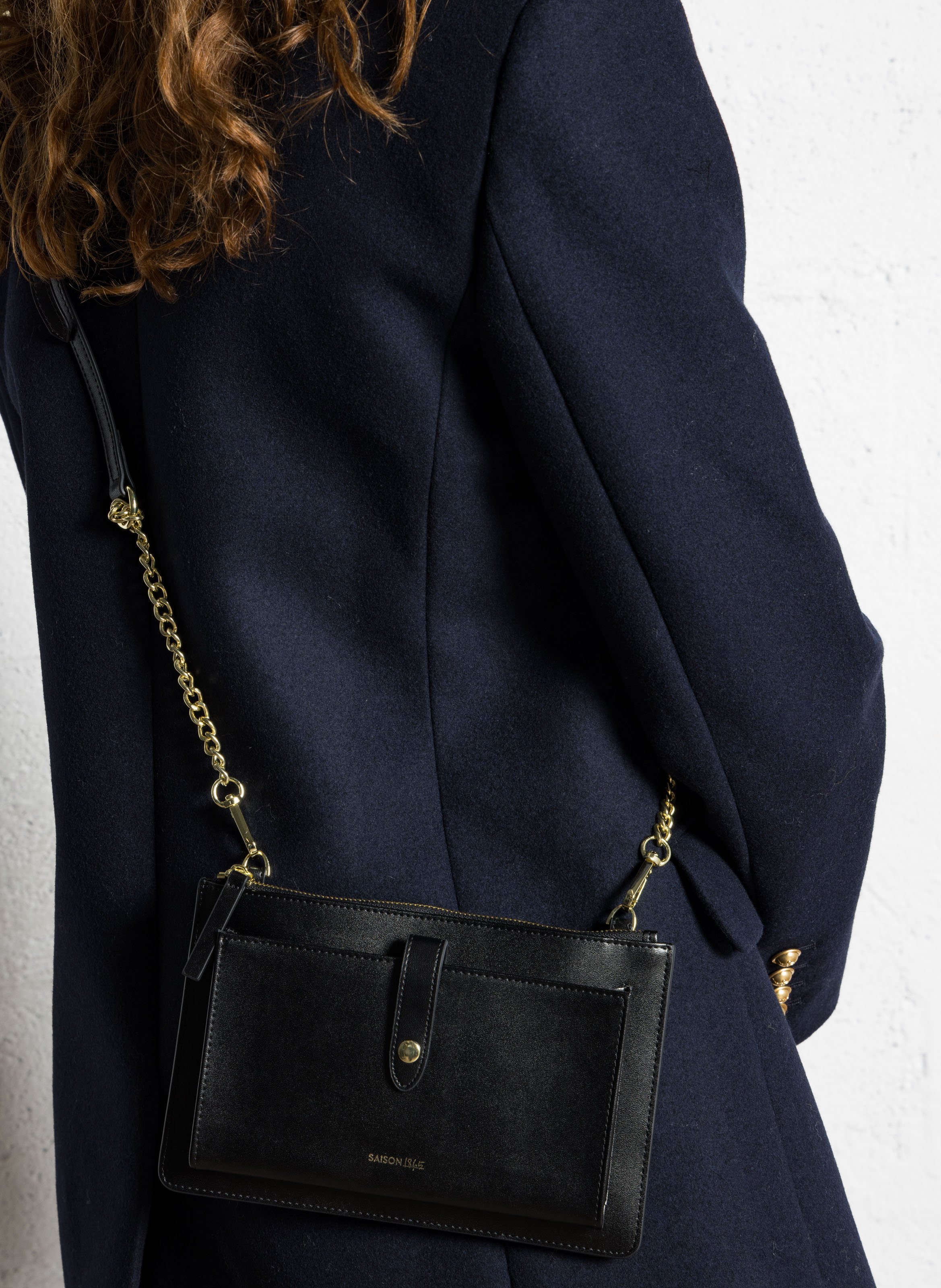 Leather flap bag with logo SAISON 1865 Black