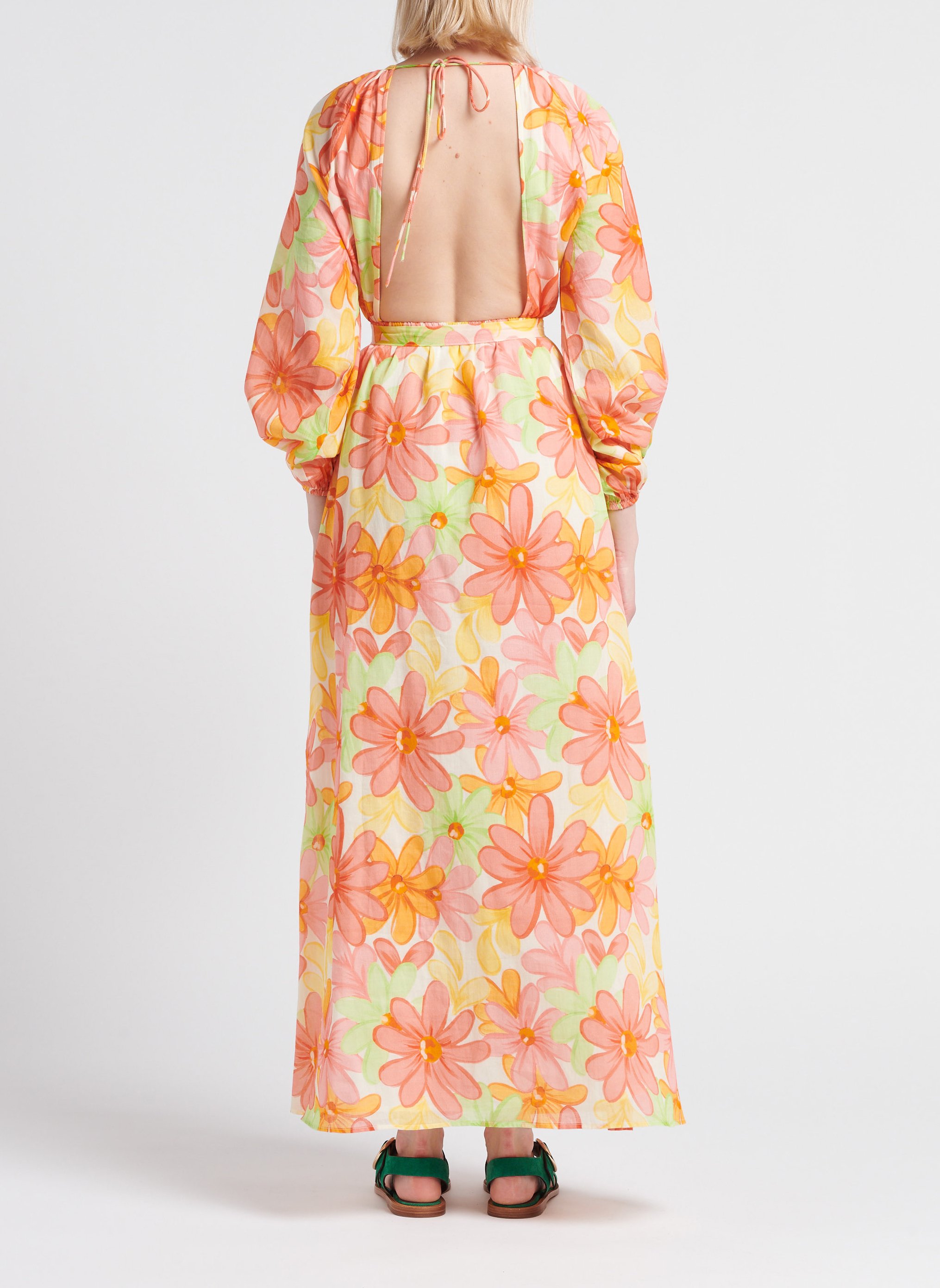 Long floral print cotton dress with round neck SUNDRESS Yellow