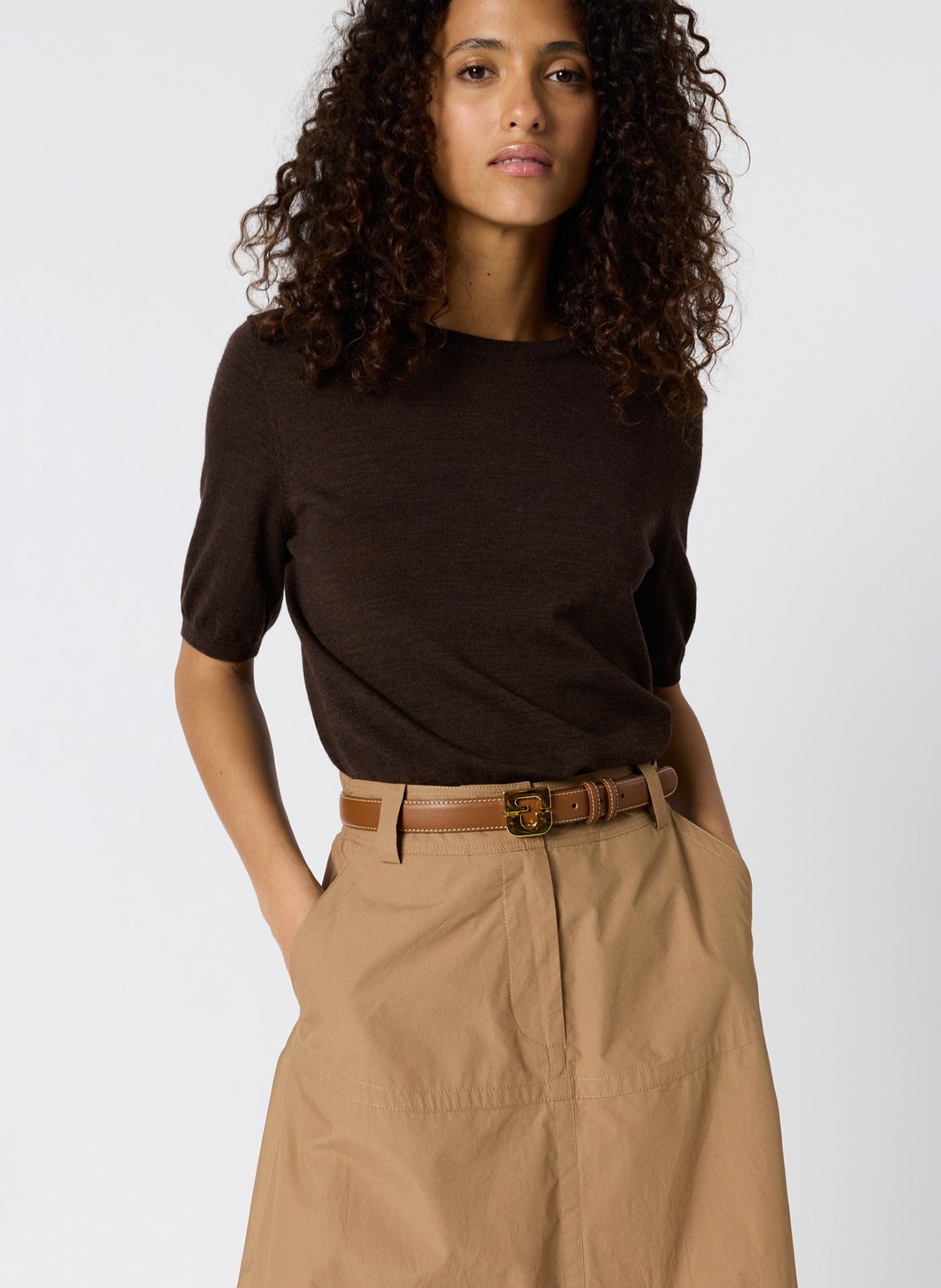 High-waisted flared skirt in plain cotton GERARD DAREL Brown