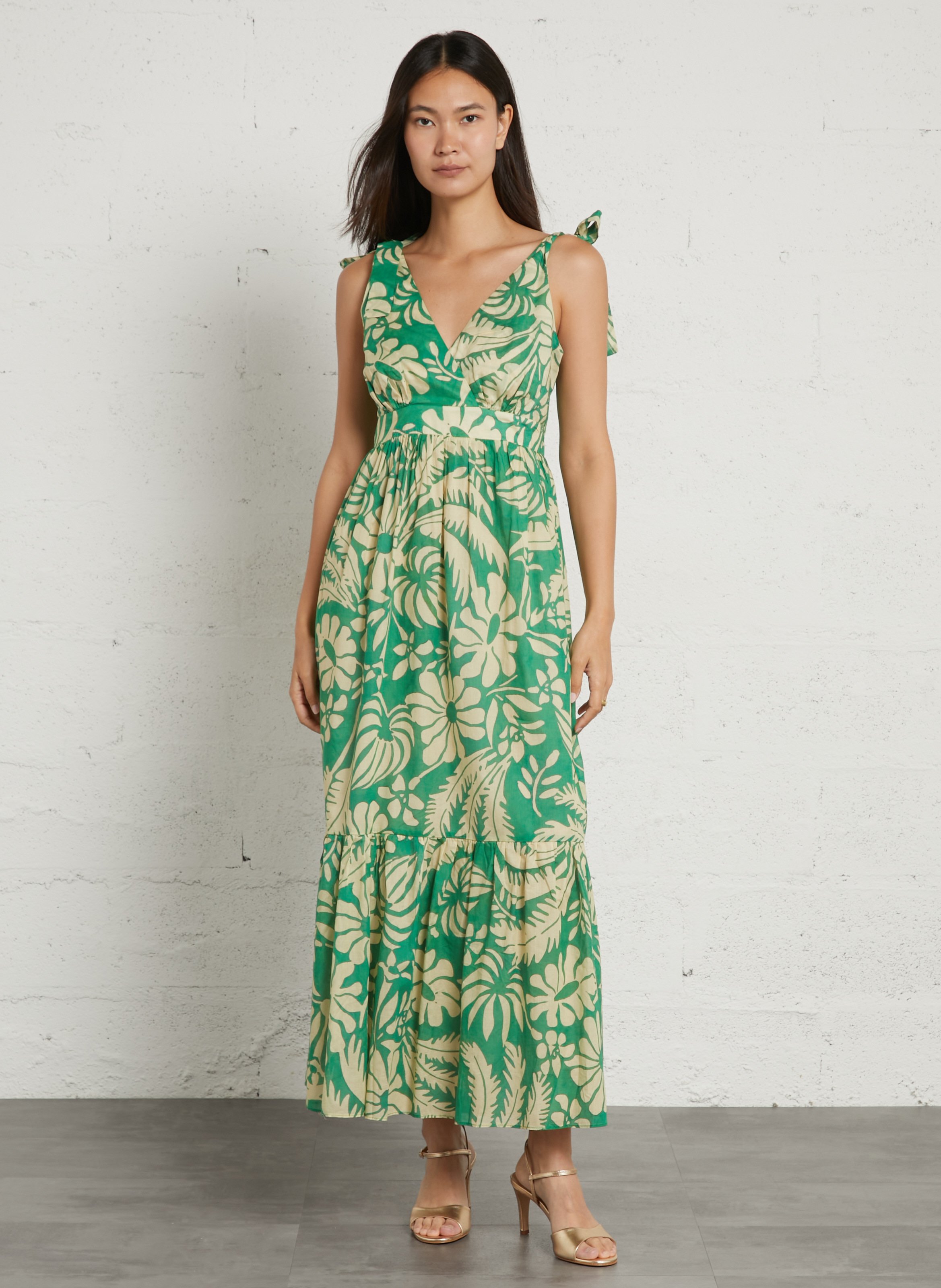 Vestido largo de algodón con cuello de pico SUD EXPRESS Verde