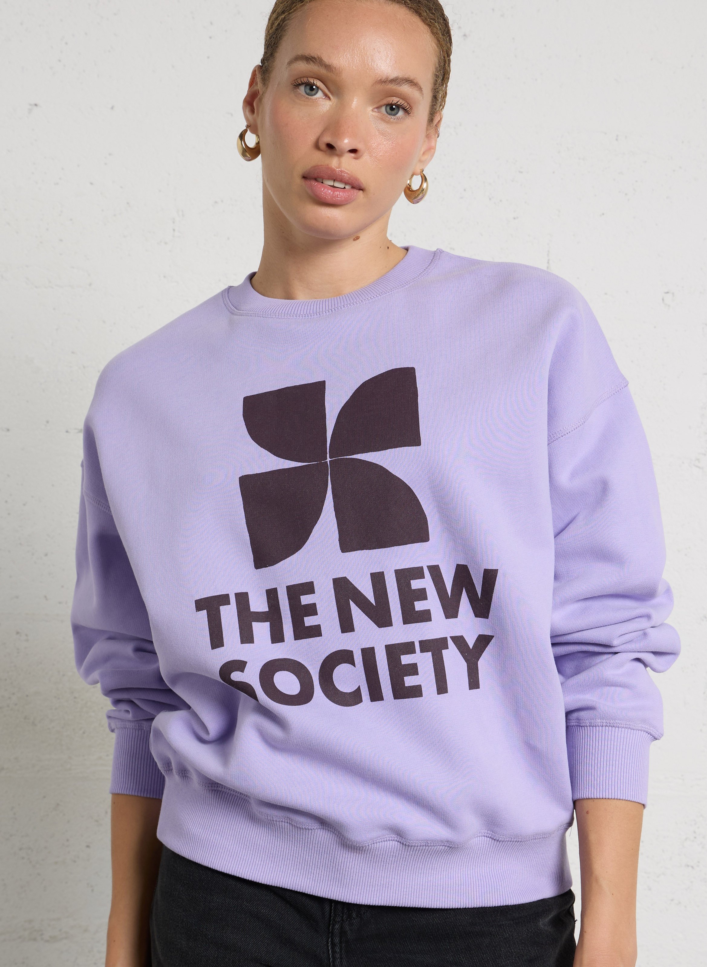 Sweat ample col rond sérigraphié en coton THE NEW SOCIETY Violet