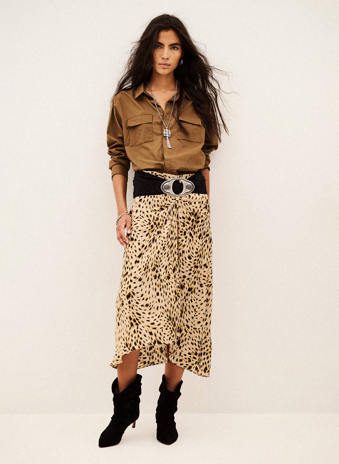 Jupe midi asymétrique à motifs BA&SH Beige