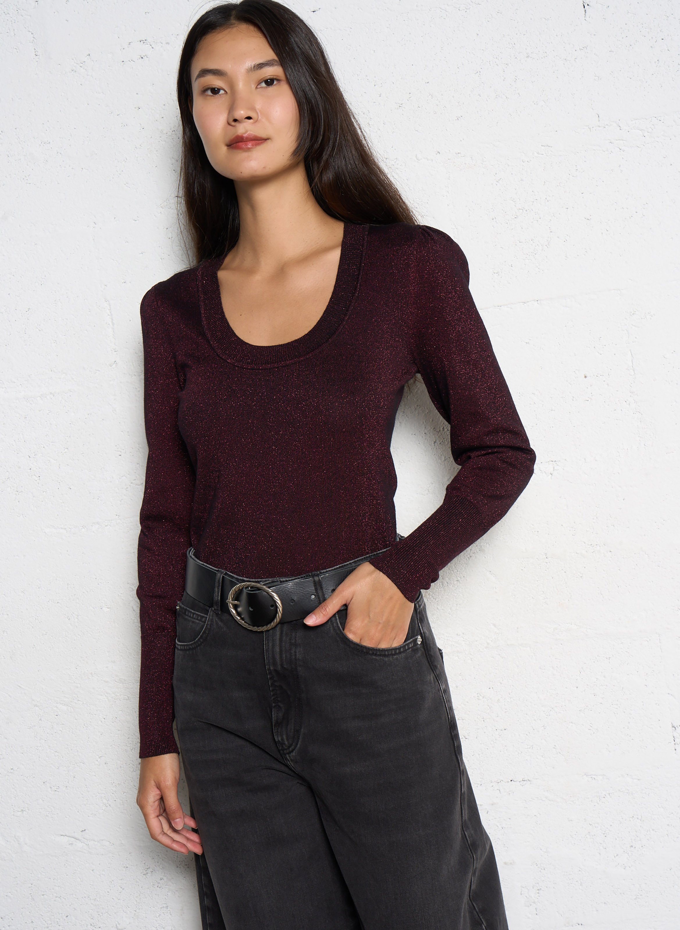 Gerade geschnittener Rundhalsausschnitt-Pullover aus metallischer Baumwolle BERENICE Pflaume