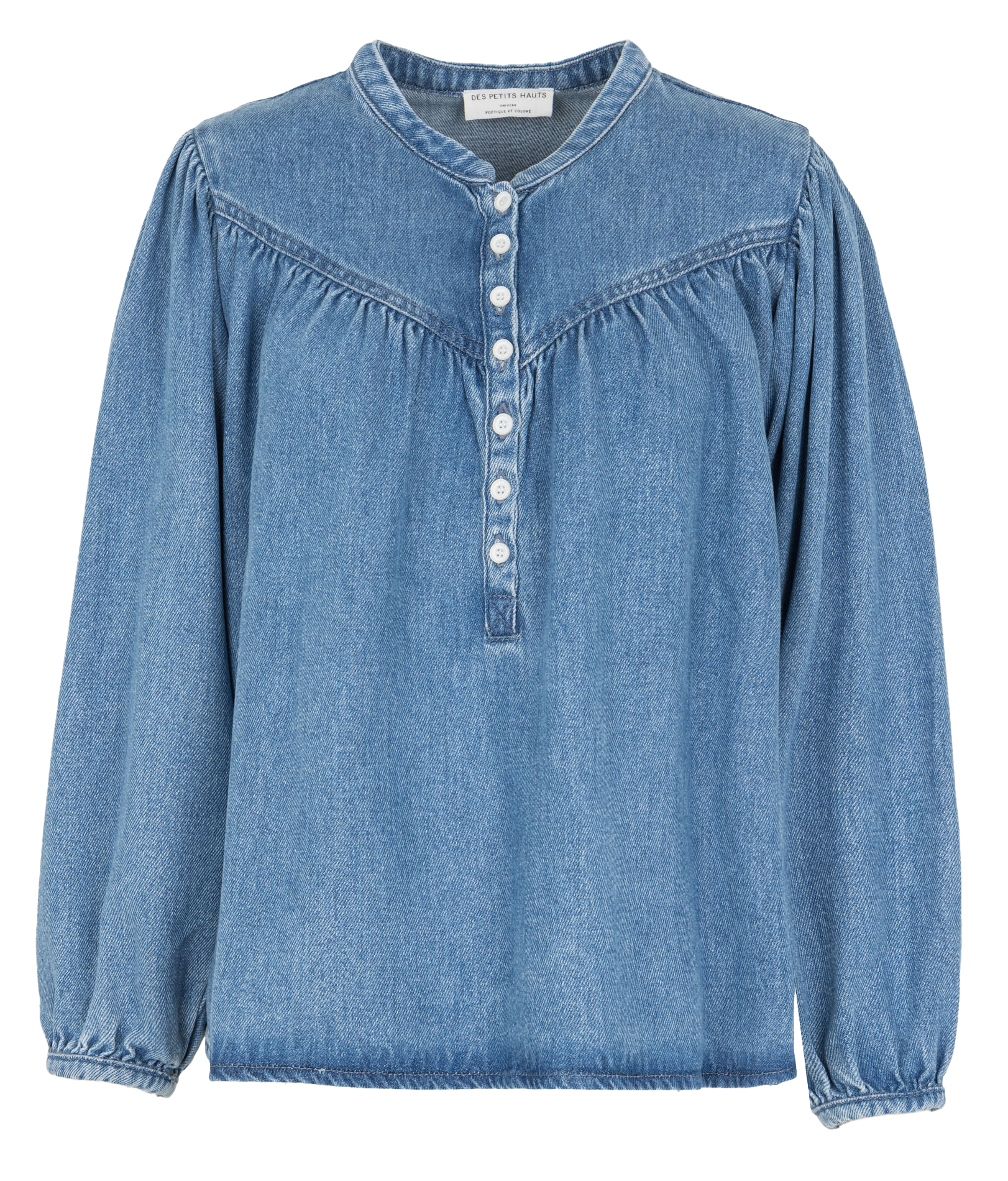Round neck buttoned denim blouse DES PETITS HAUTS Blue