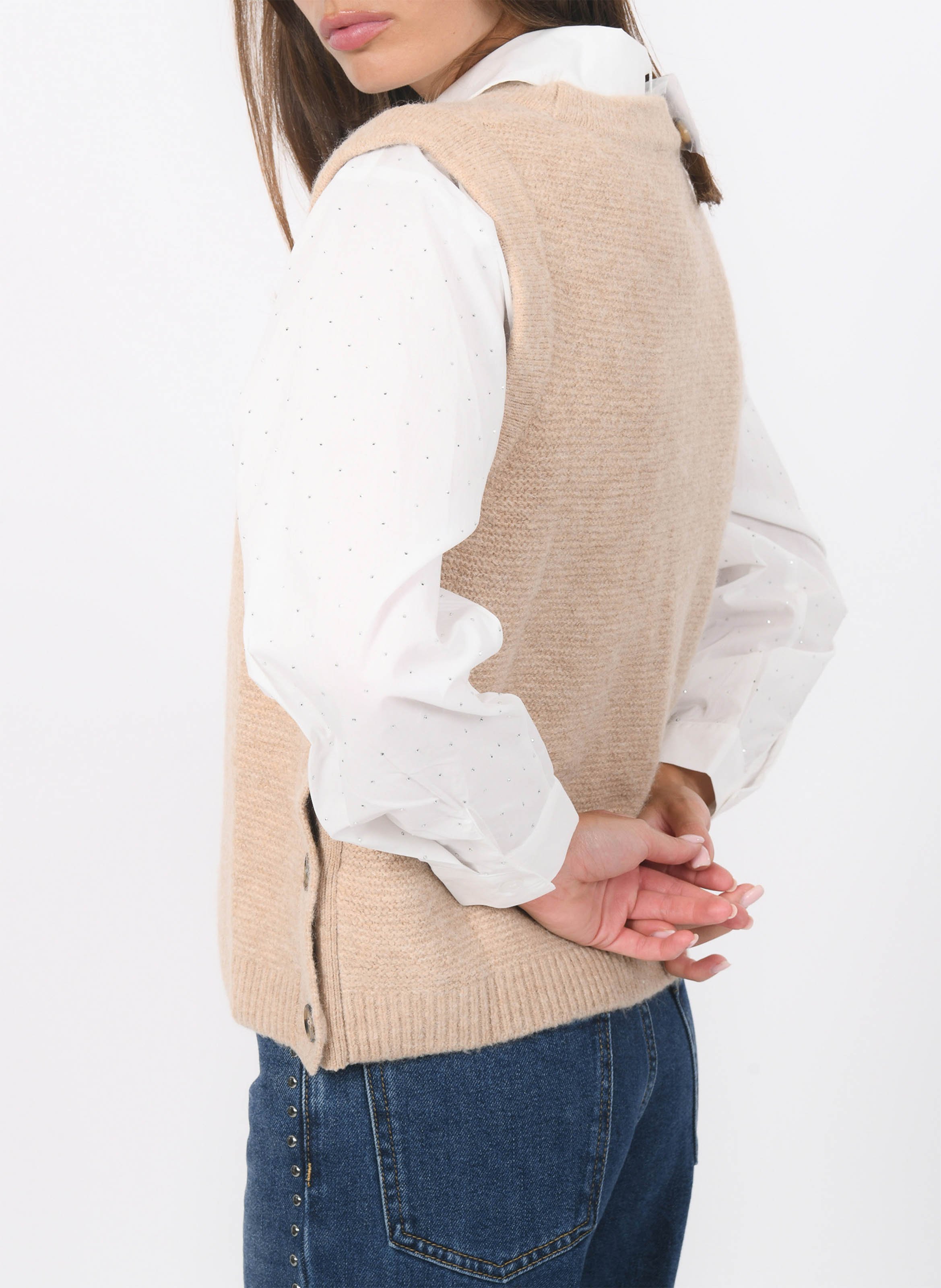 Pull sans manches col rond en maille mélangée KOOKAI Beige