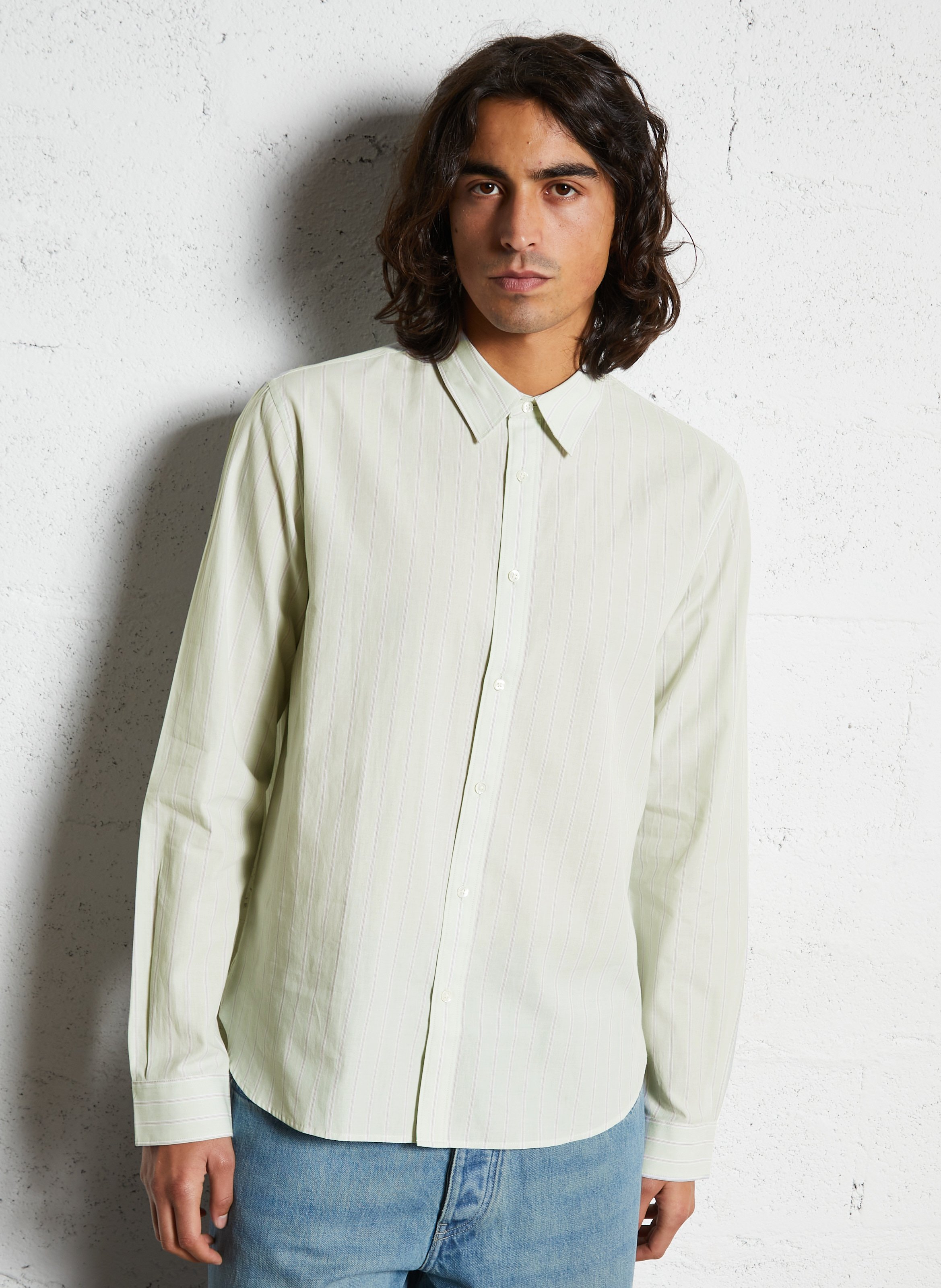 Chemise droite col parisien rayée en coton IKKS Vert