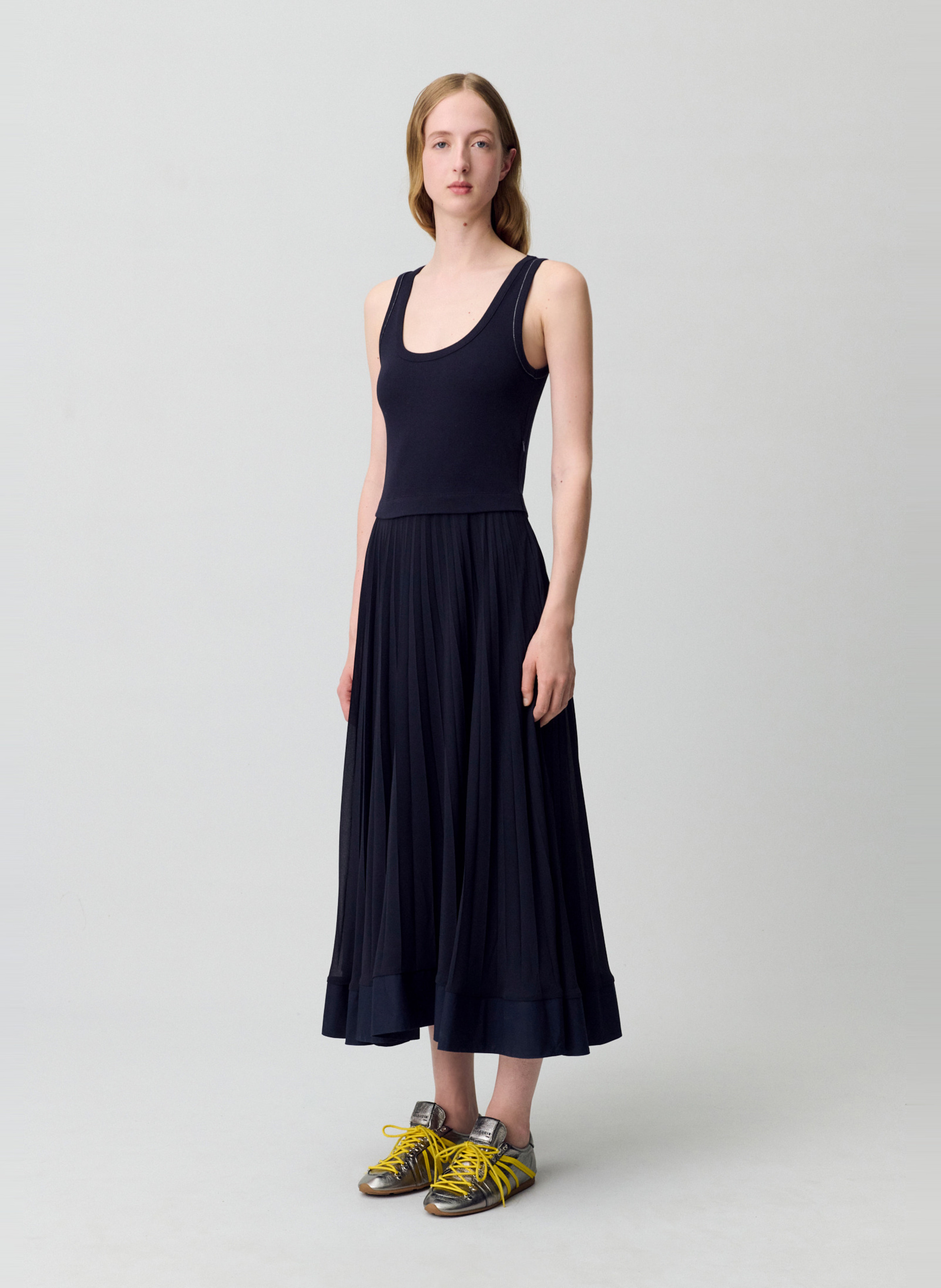 Langes Plisseekleid Jeans ohne Waschung