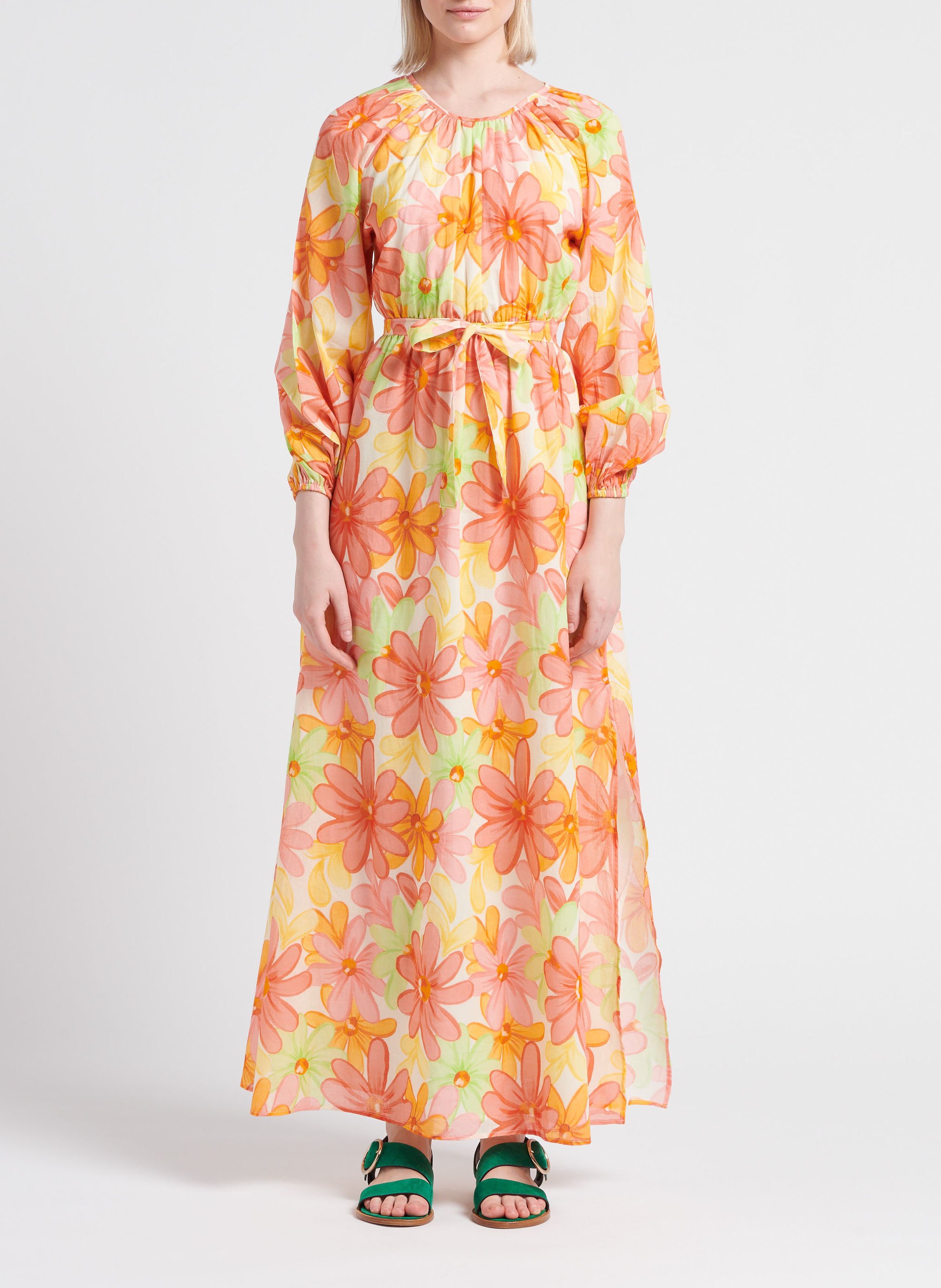 Long floral print cotton dress with round neck SUNDRESS Yellow
