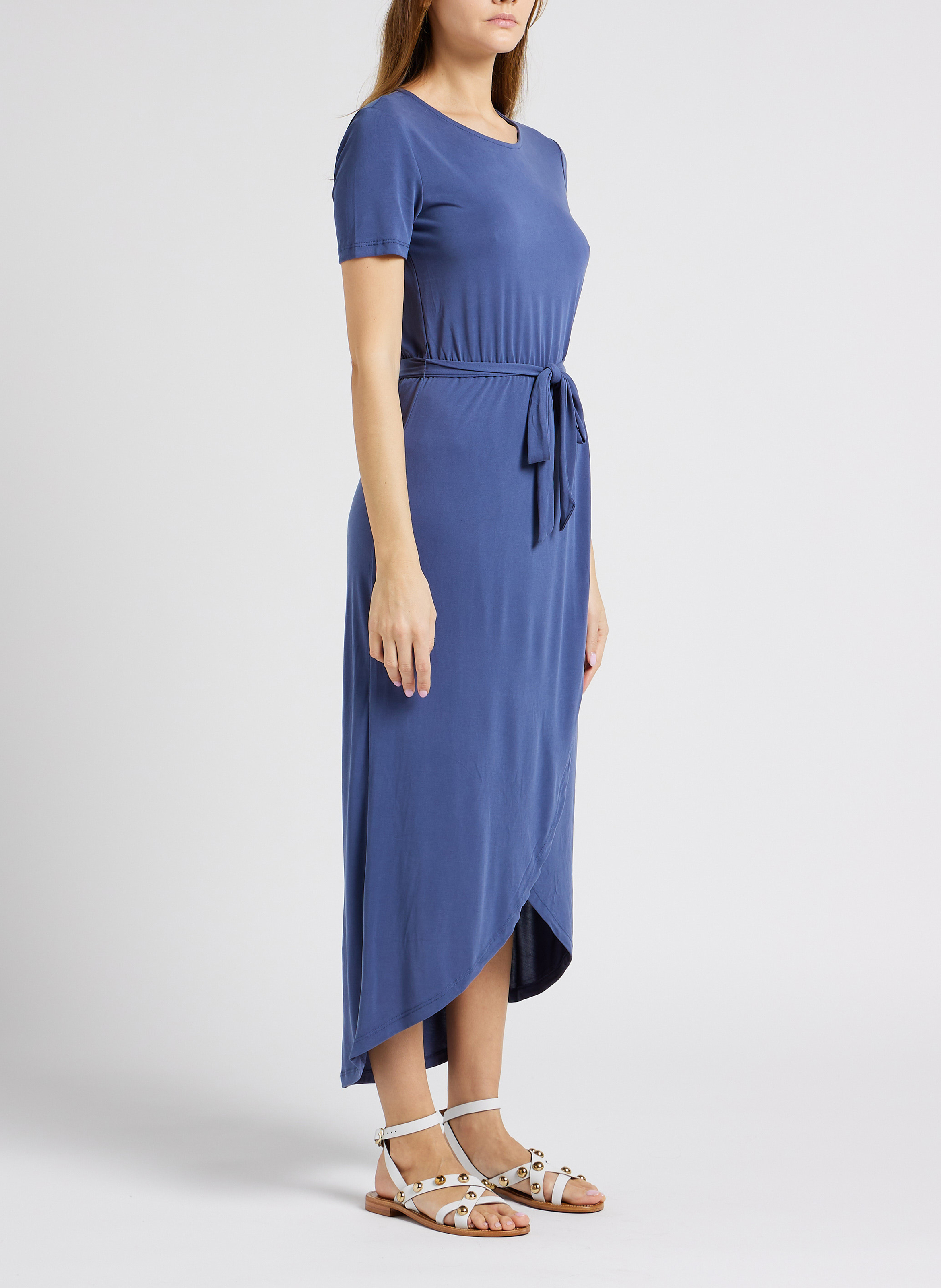 Lange jurk van jersey met ronde hals en ceintuur OBJECT Blauw