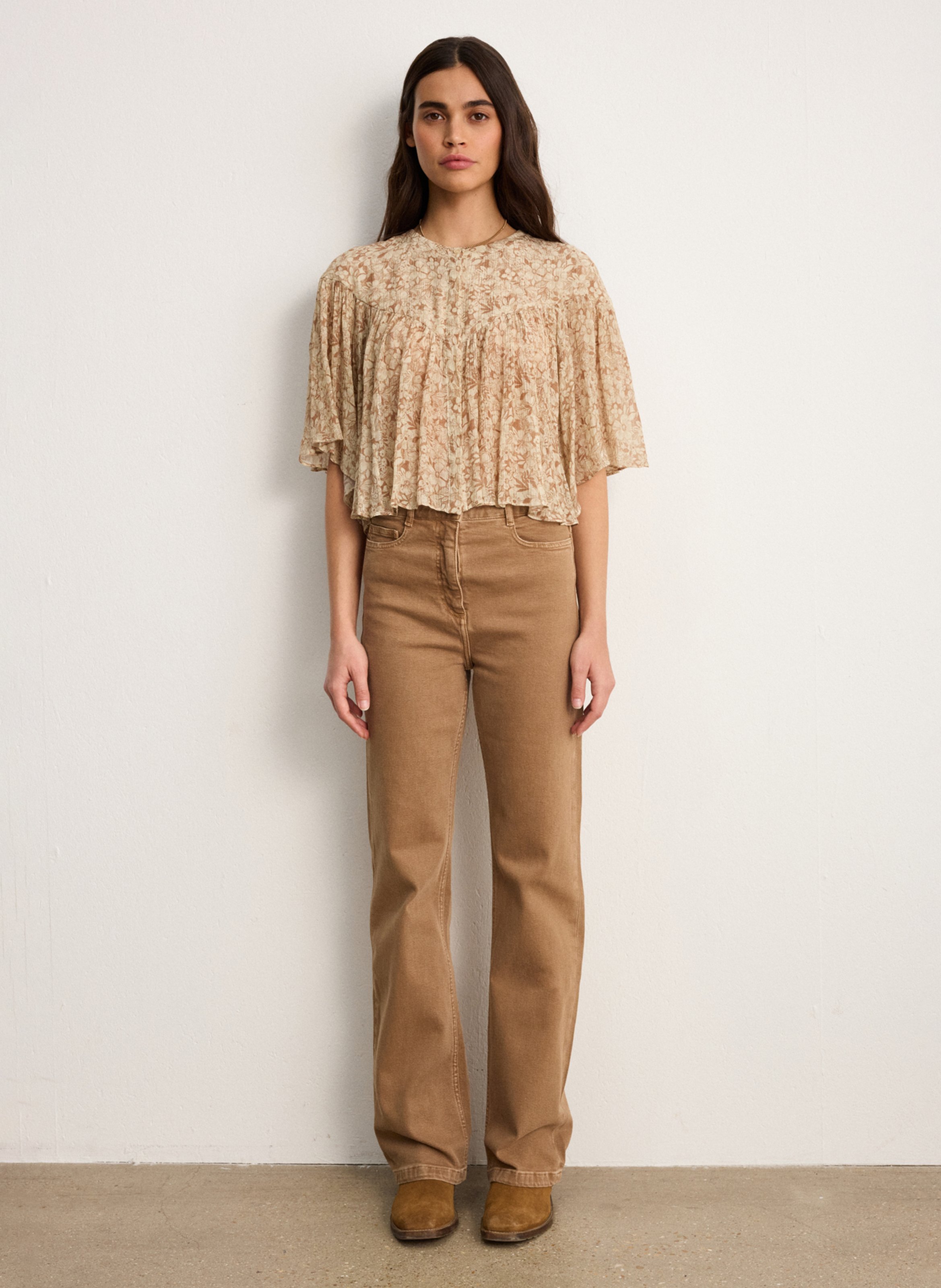 Chemise ample col rond imprimée PABLO Beige