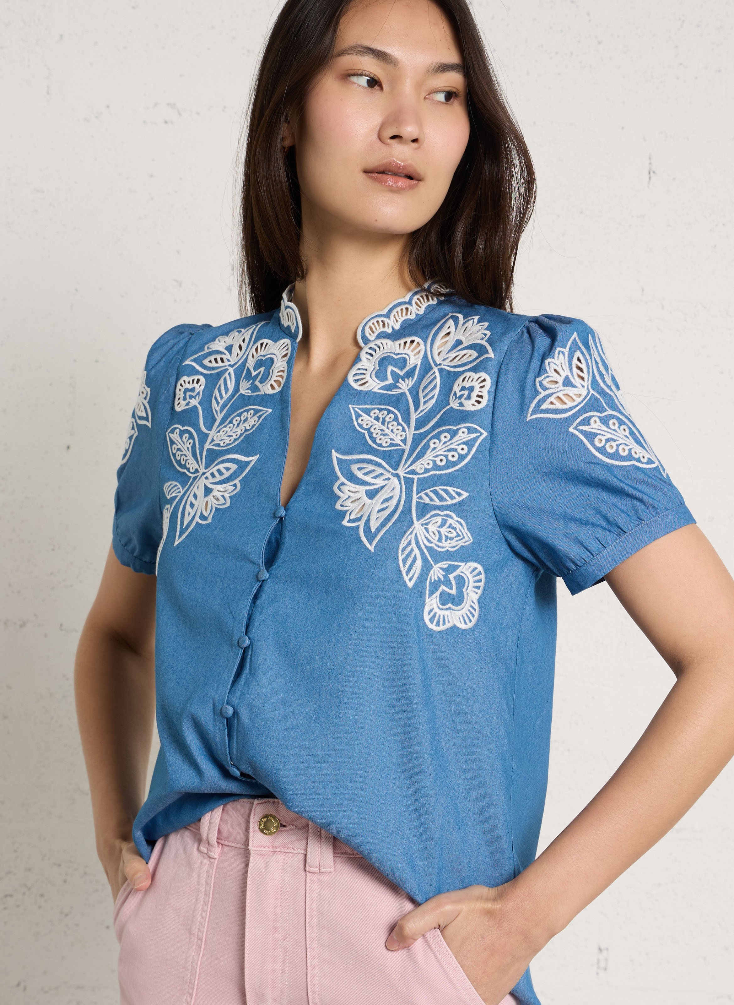 Tunika mit englischer Stickerei am Stehkragen LA PETITE ETOILE Blau