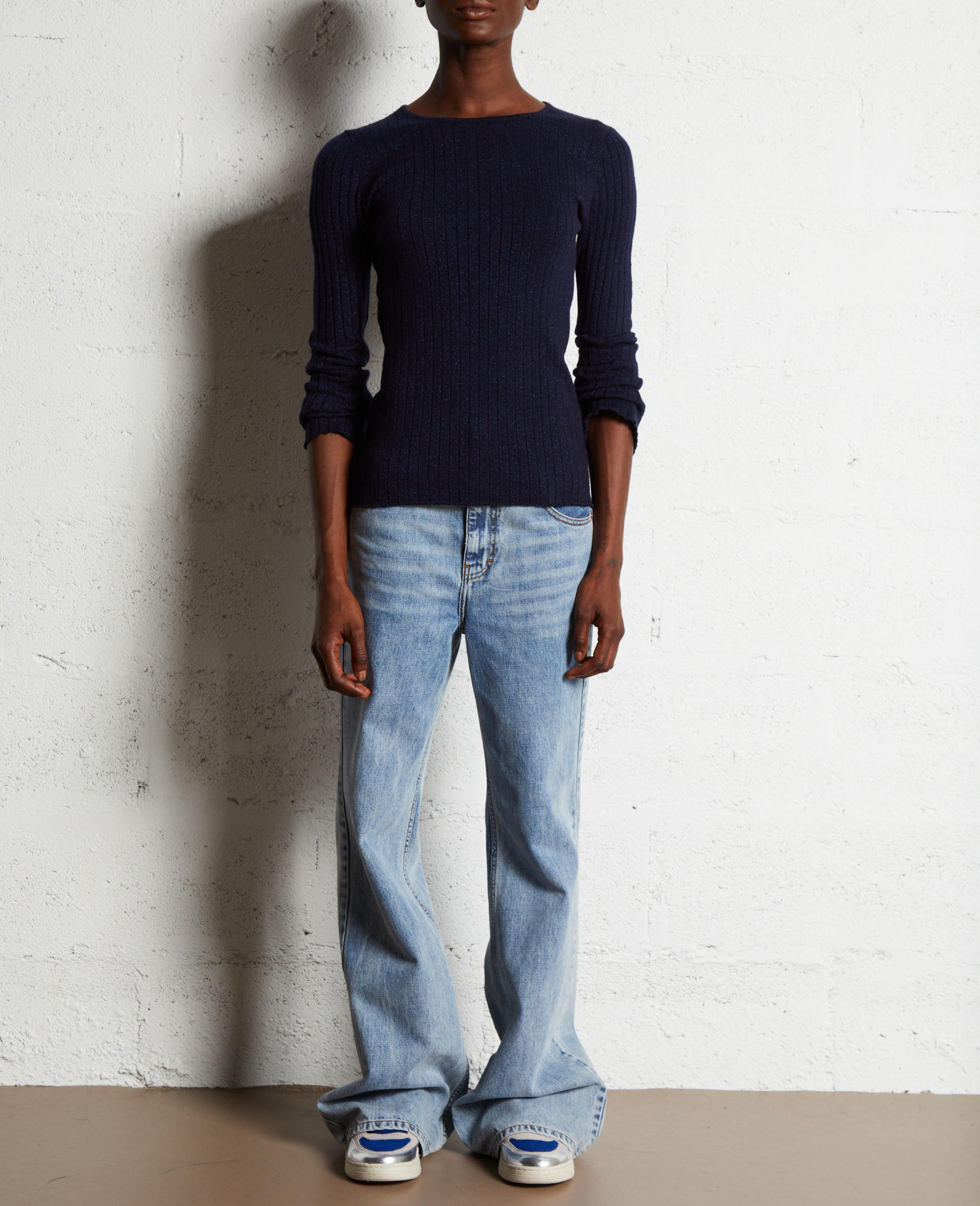 Fitted round neck sweater in metallic knit MAJESTIC FILATURES Blue