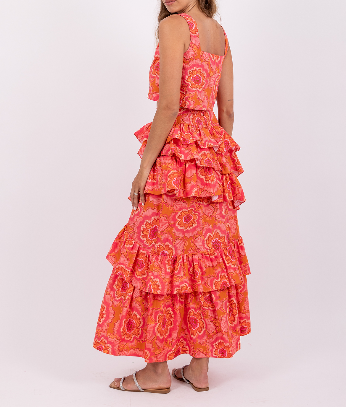 Langer bedruckter Rock mit asymmetrischen Volants SUNDRESS Rosa