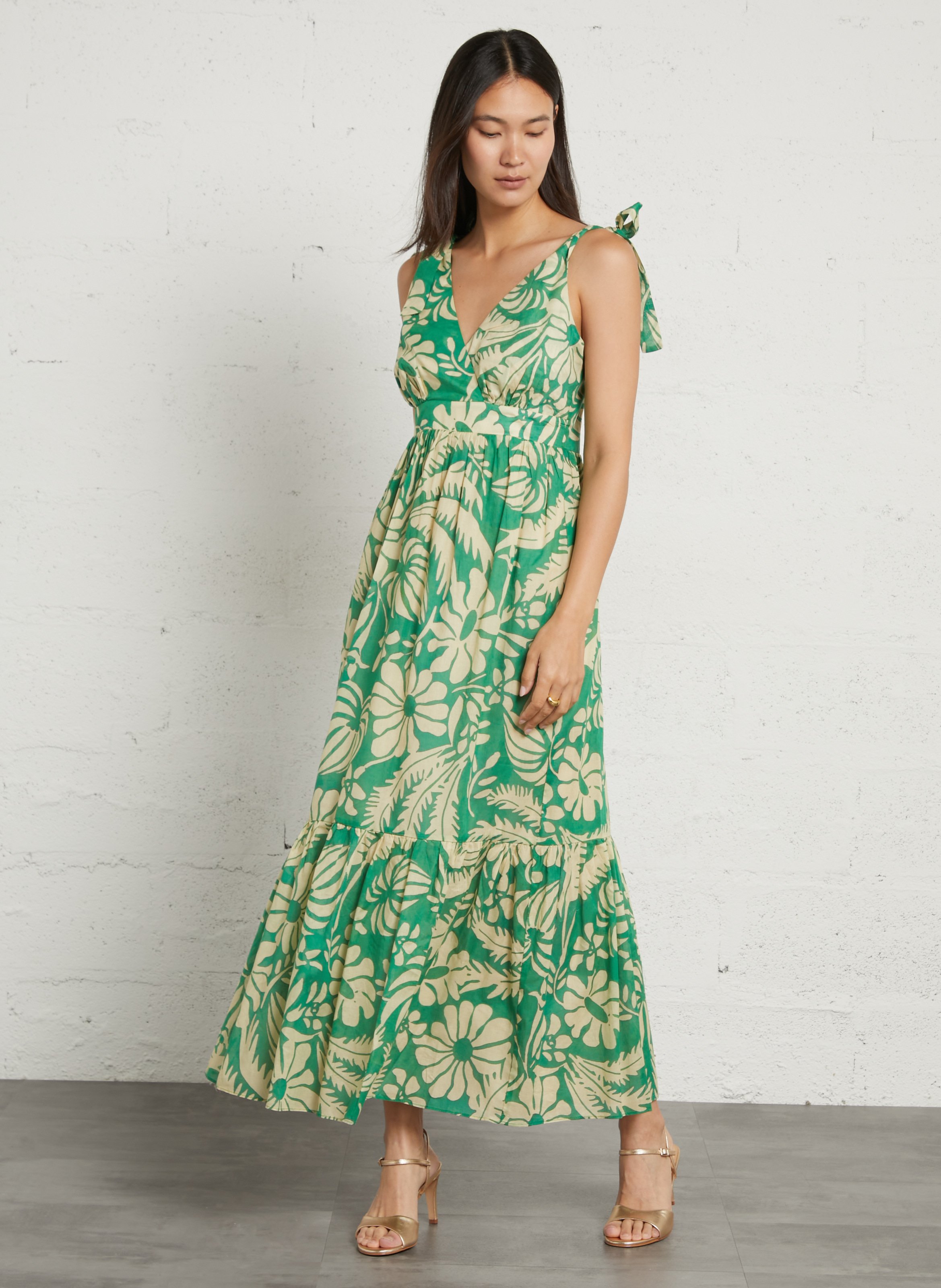 Vestido largo de algodón con cuello de pico SUD EXPRESS Verde