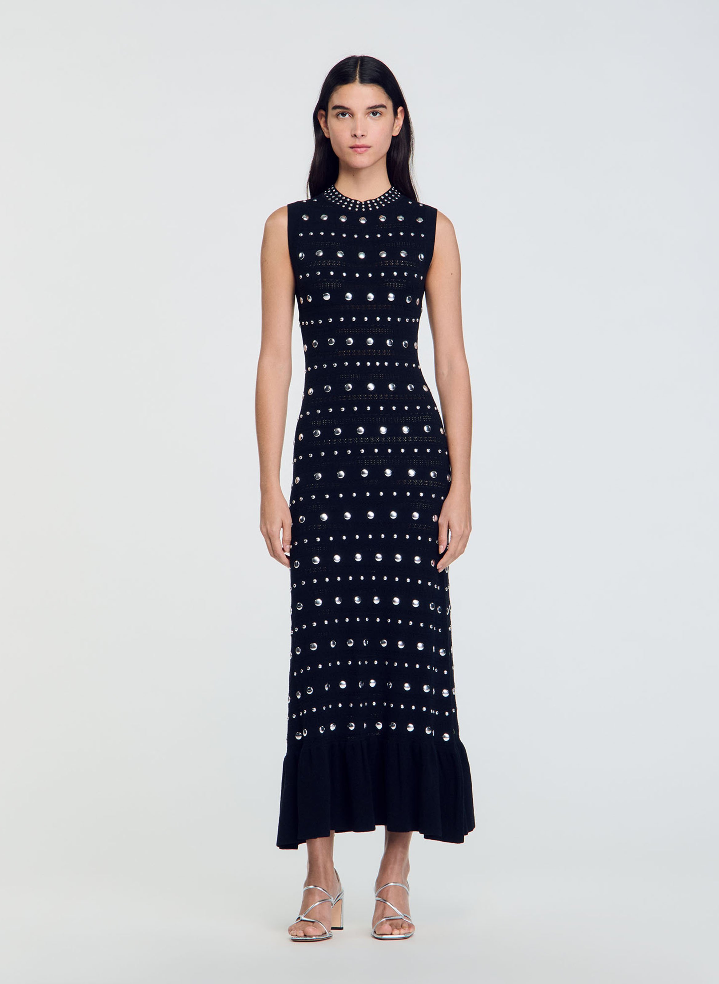 Fitted Long Dress With Round Neckline In Blended Wool Noir Sandro Women SFPRO03983 20 NOIR Place des Tendances Europe