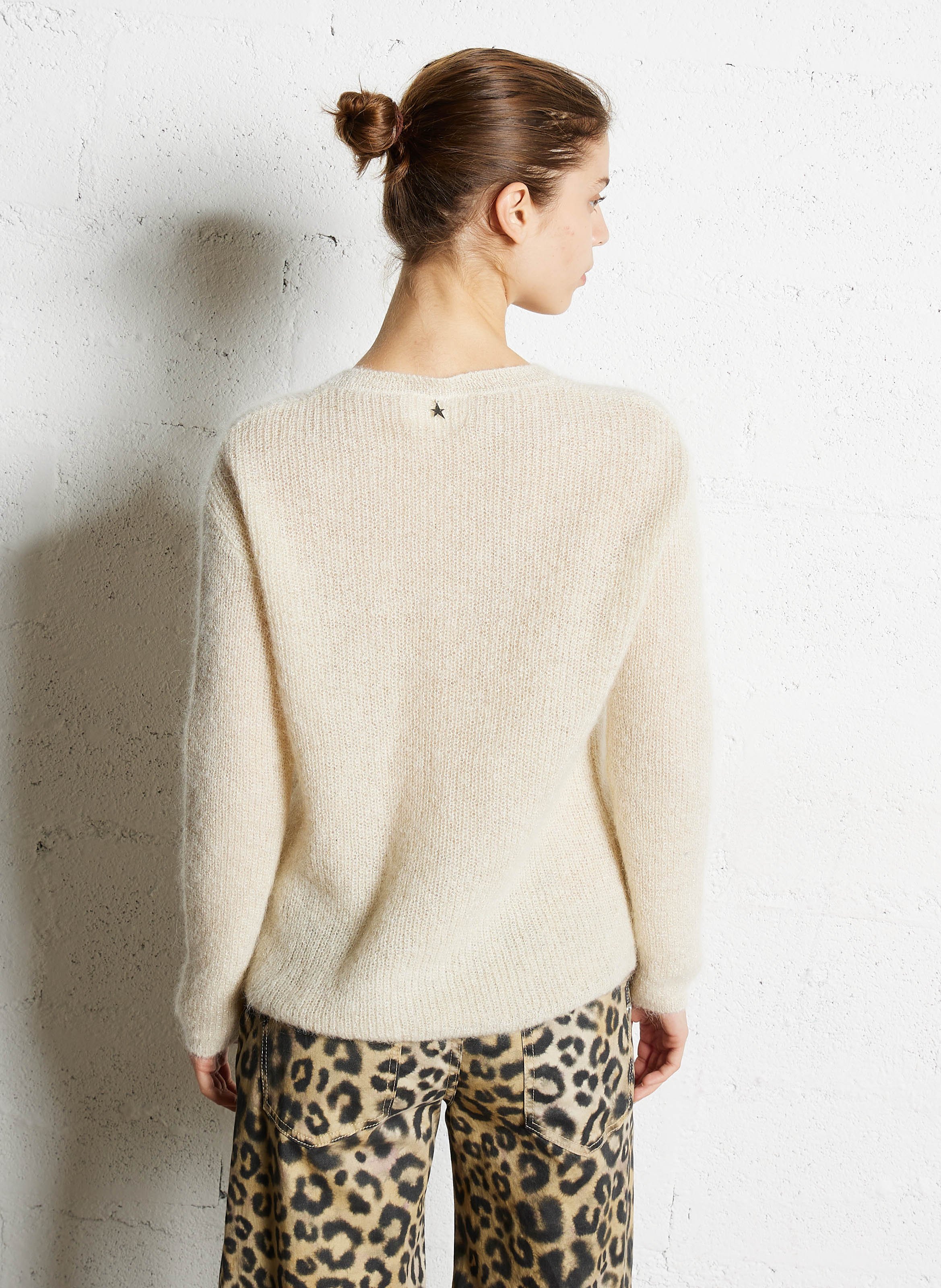 Pull droit col V métallisé en laine mélangée SUD EXPRESS Blanc