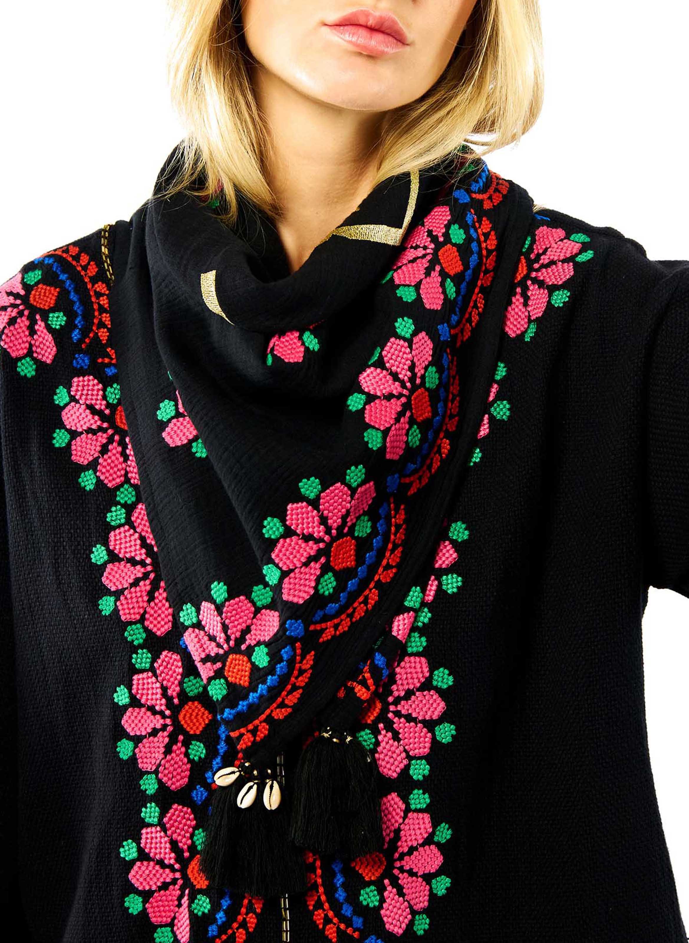 Embroidered cotton floaty scarf WILD Black
