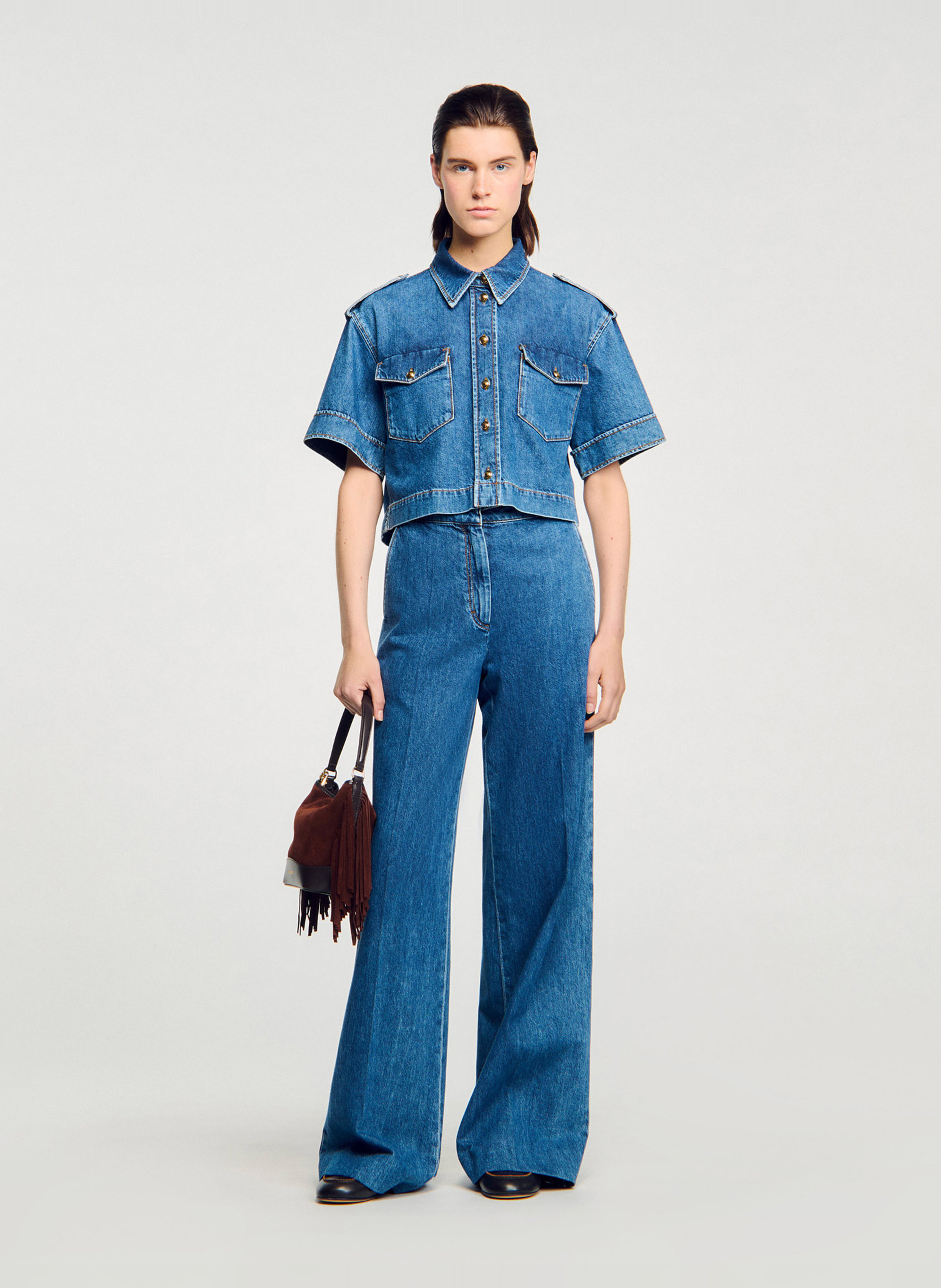 Chemise courte boutonnée en jean SANDRO Bleu