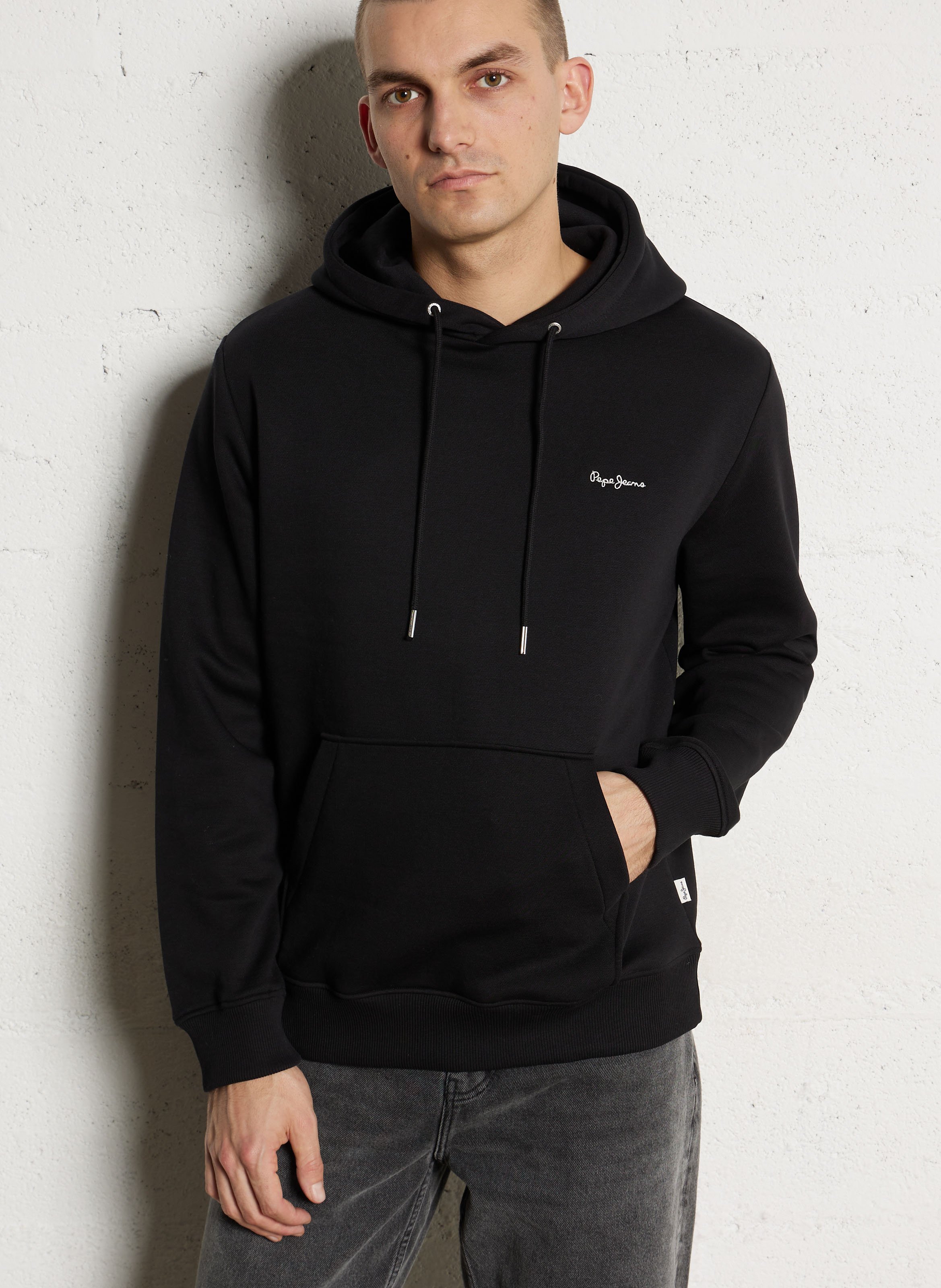 Sweat droit à capuche brodé en coton mélangé PEPE JEANS Noir
