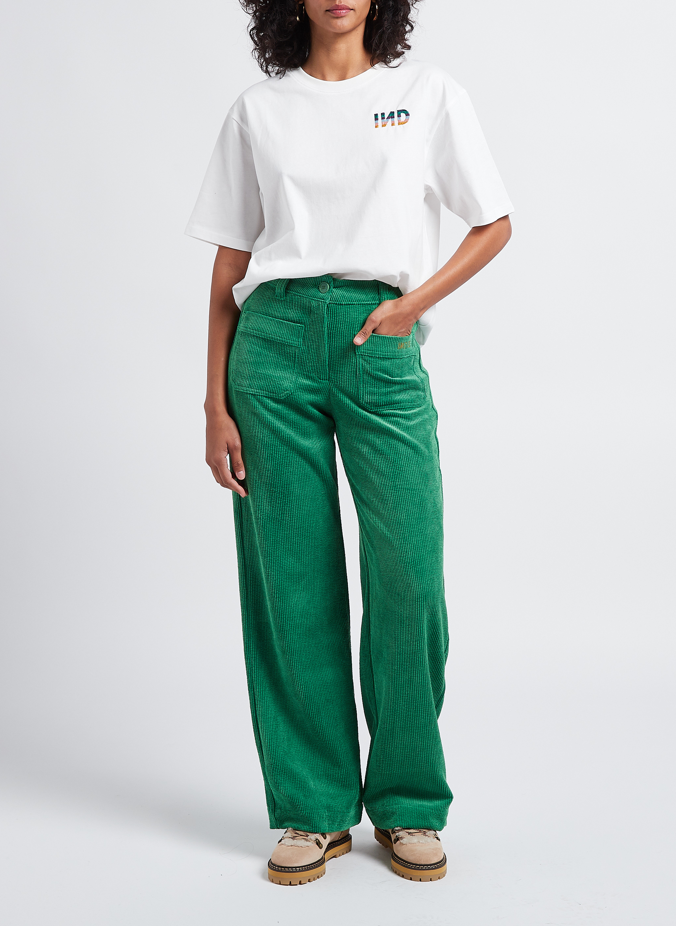 Round-neck embroidered cotton T-shirt INDEE White