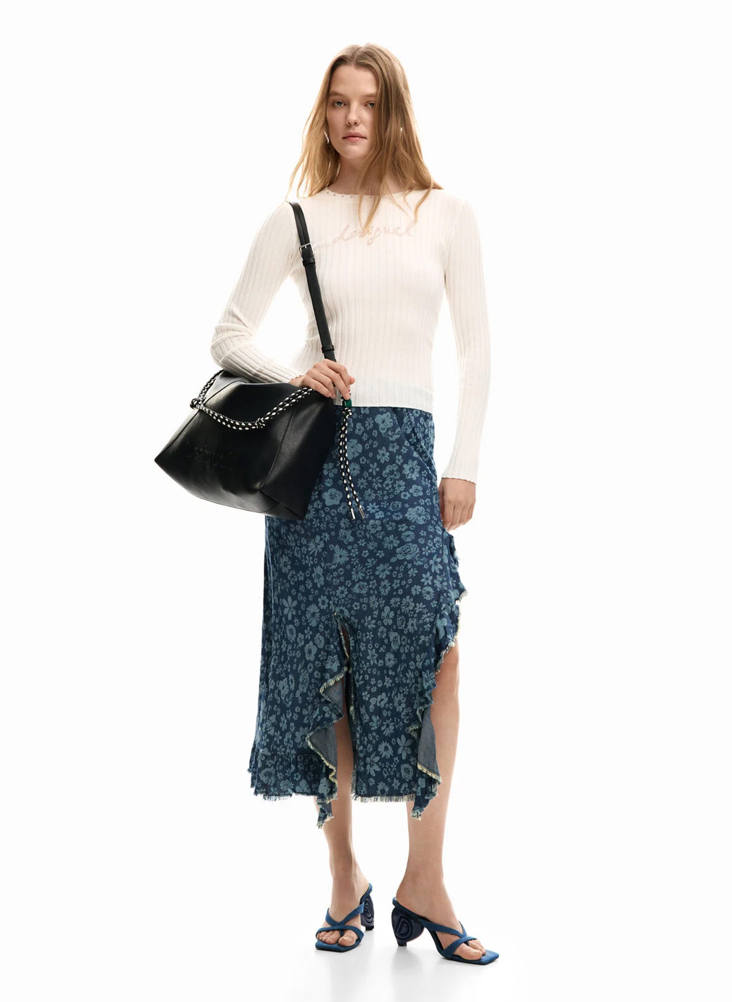 Jupe midi à imprimé fleuri  DESIGUAL Bleu