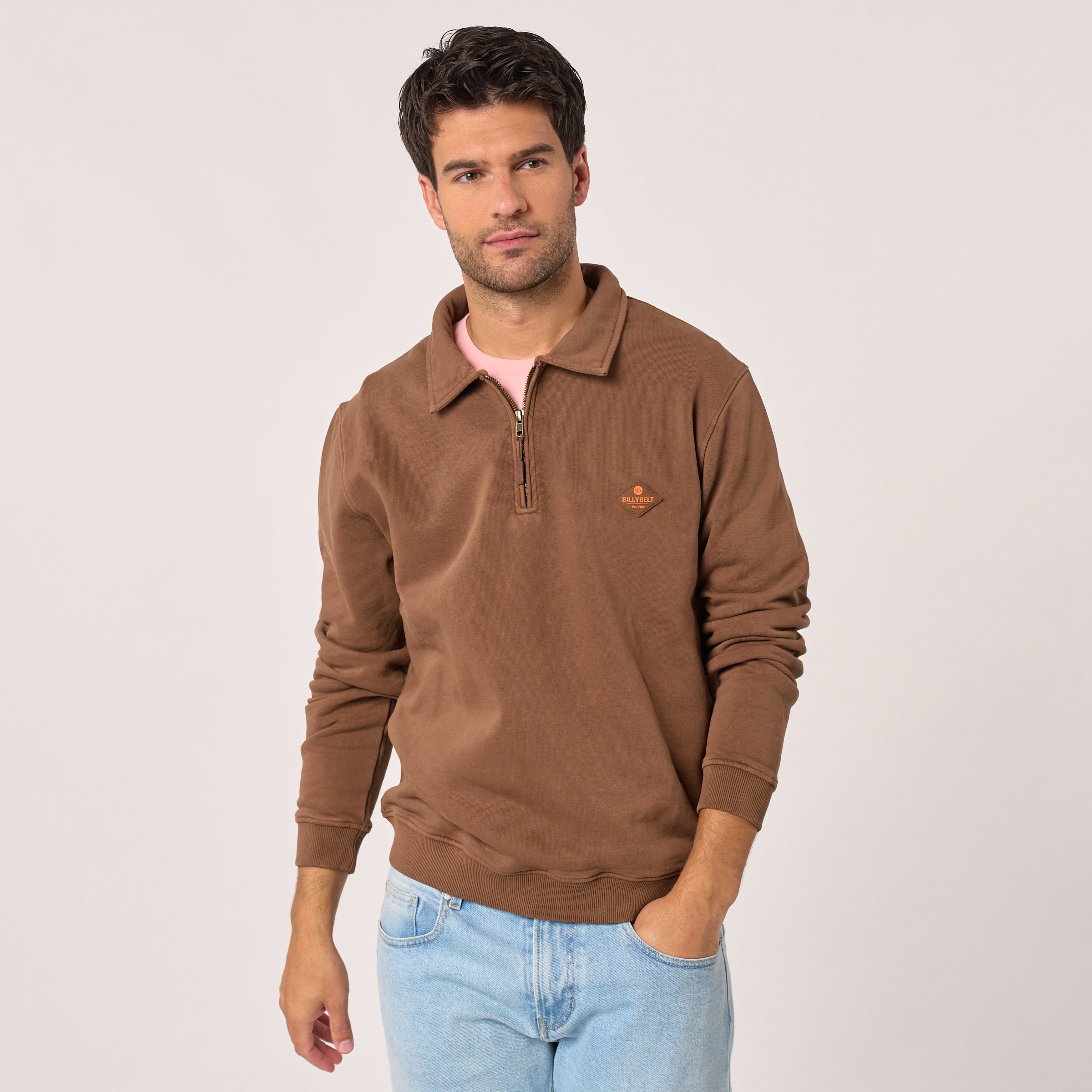 Zip-neck organic cotton sweatshirt Brown