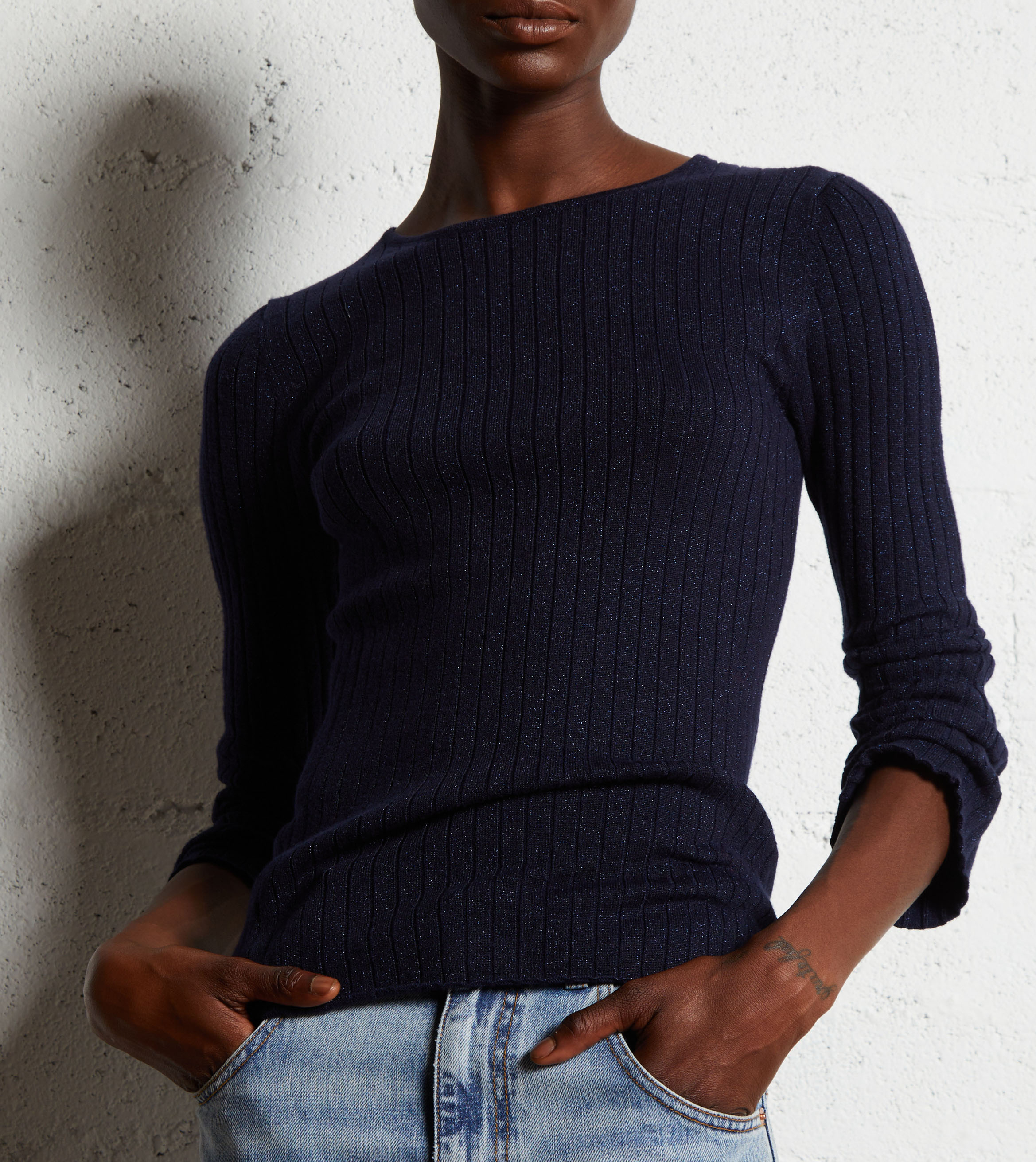 Fitted round neck sweater in metallic knit MAJESTIC FILATURES Blue