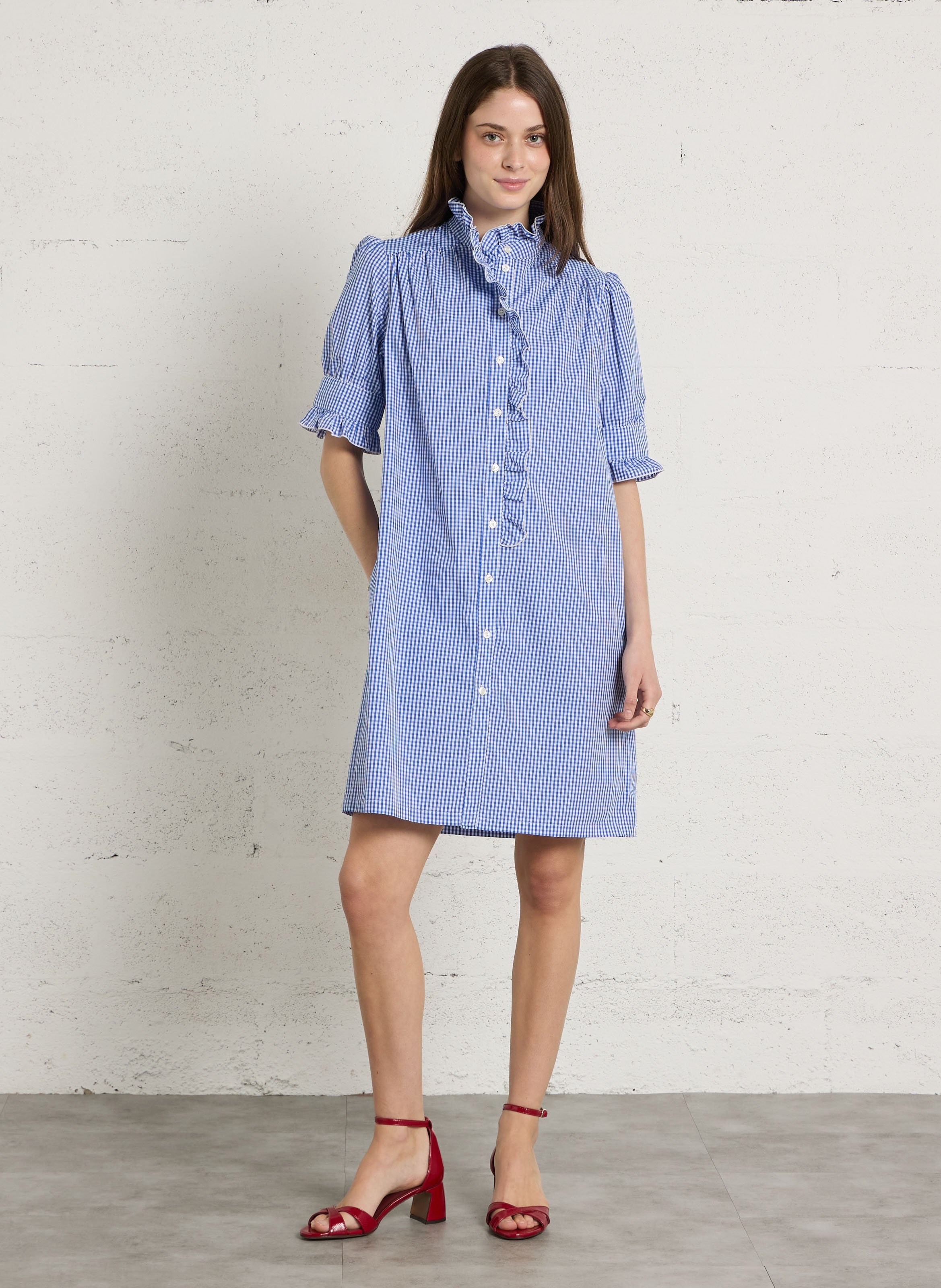 Short cotton dress with high neck SUZIE WINKLE Blue