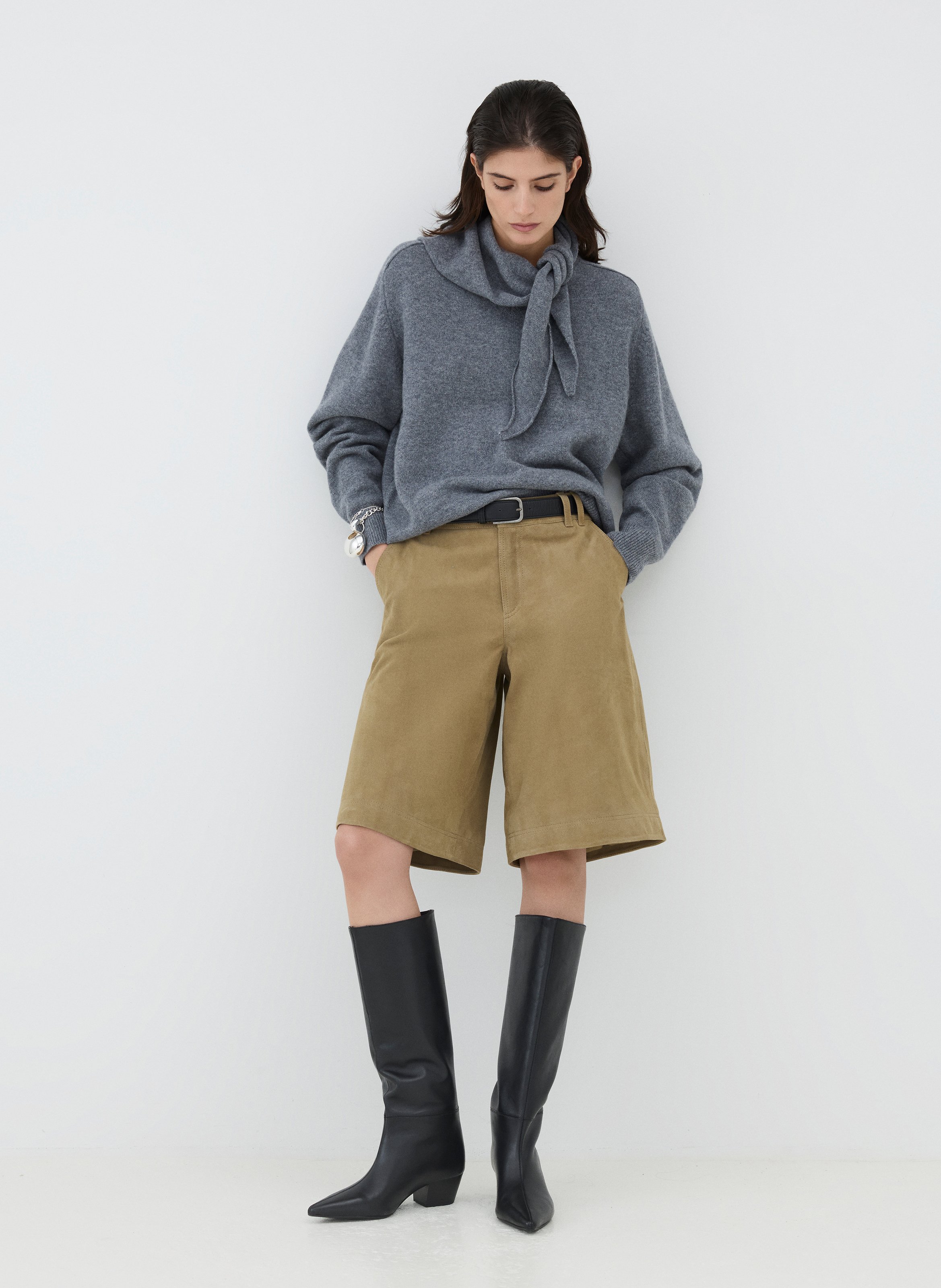 Straight wool sweater with Lavallière collar ROUGE EDIT Grey