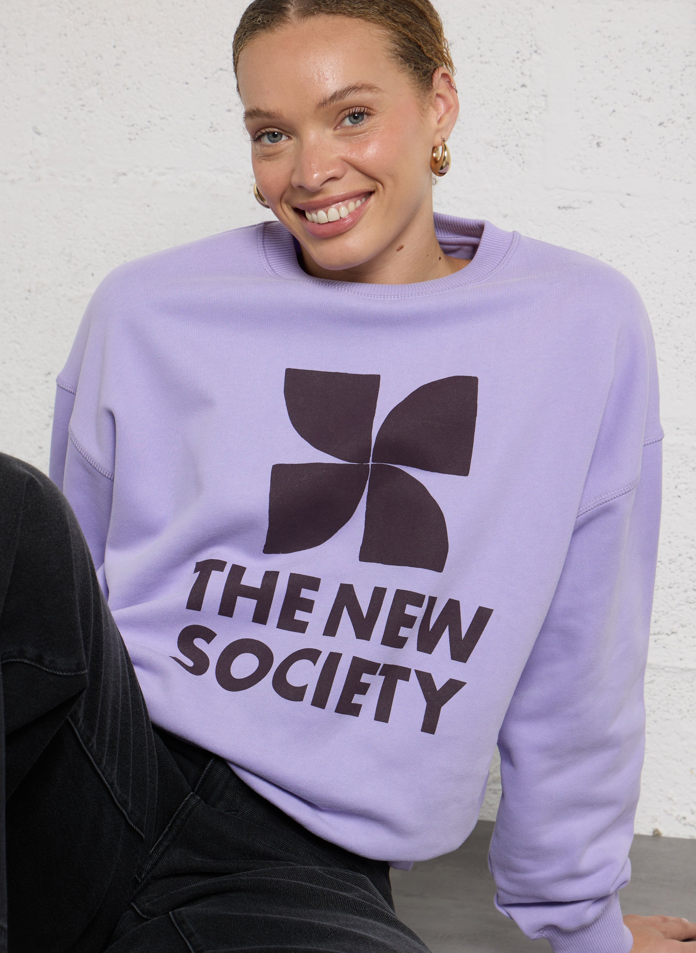 Sweat ample col rond sérigraphié en coton THE NEW SOCIETY Violet