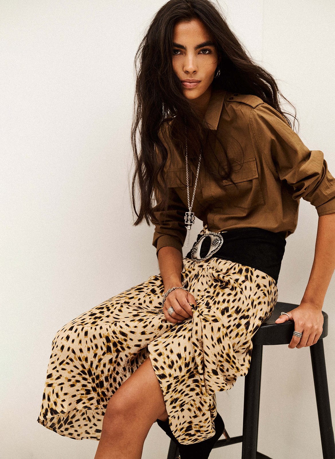 Jupe midi asymétrique à motifs BA&SH Beige