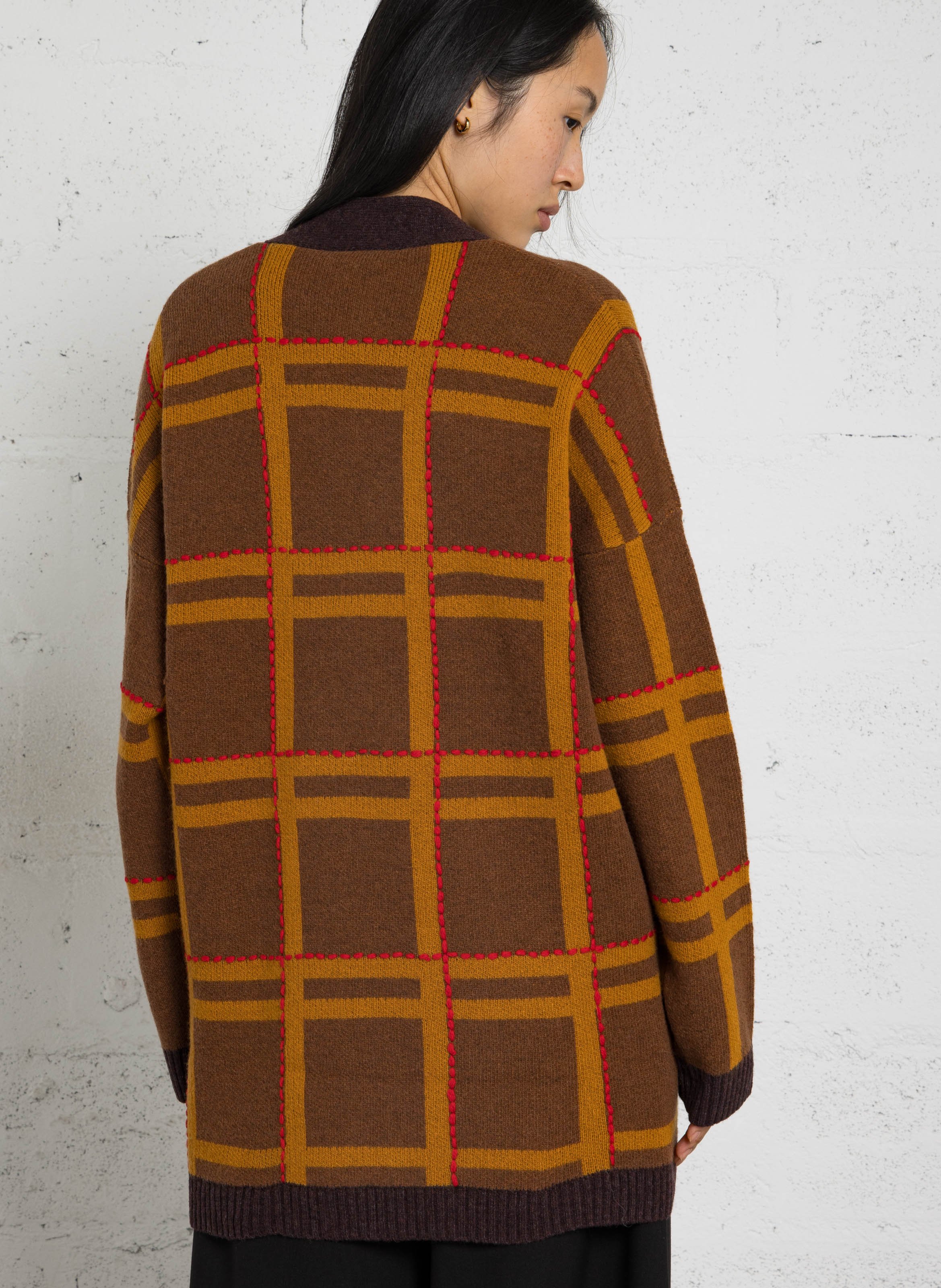 Cardigan oversize col v brodé en laine mélangée STELLA NOVA Marron